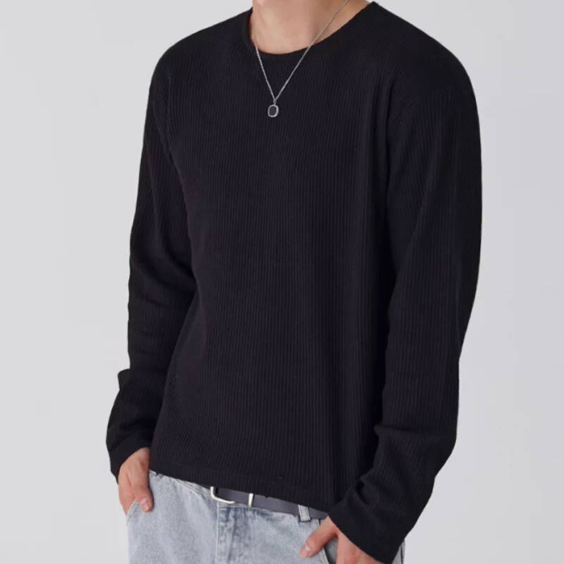 韓系風華夫格圓領短版百搭長袖T-Shirt