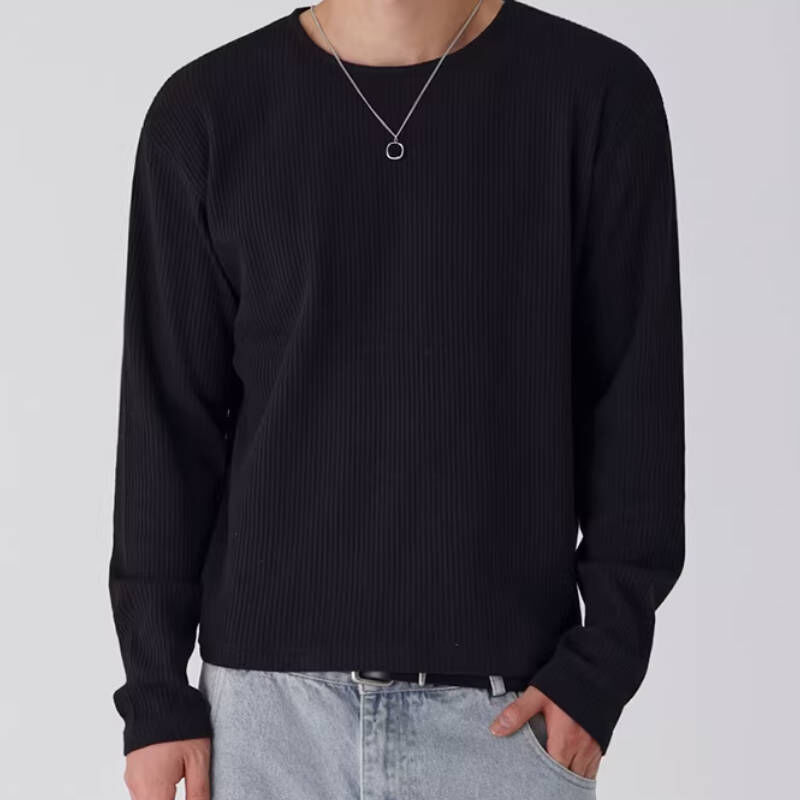 韓系風華夫格圓領短版百搭長袖T-Shirt