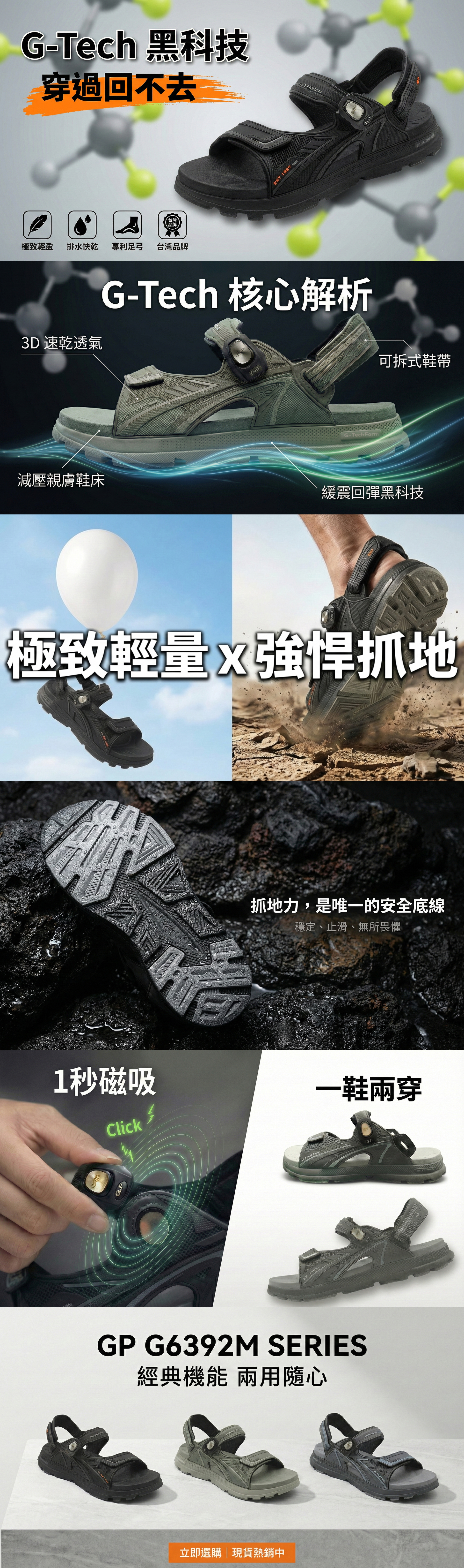 找尋久走不累、止滑的機能涼鞋？G.P G6392M 系列搭載獨家 G-Tech 黑科技，完美緩震減壓。特色包含1秒磁吸扣快穿、一鞋兩穿（涼鞋變拖鞋），極致輕量。告別腳部疲勞，立即下單，享受極致舒適體感！