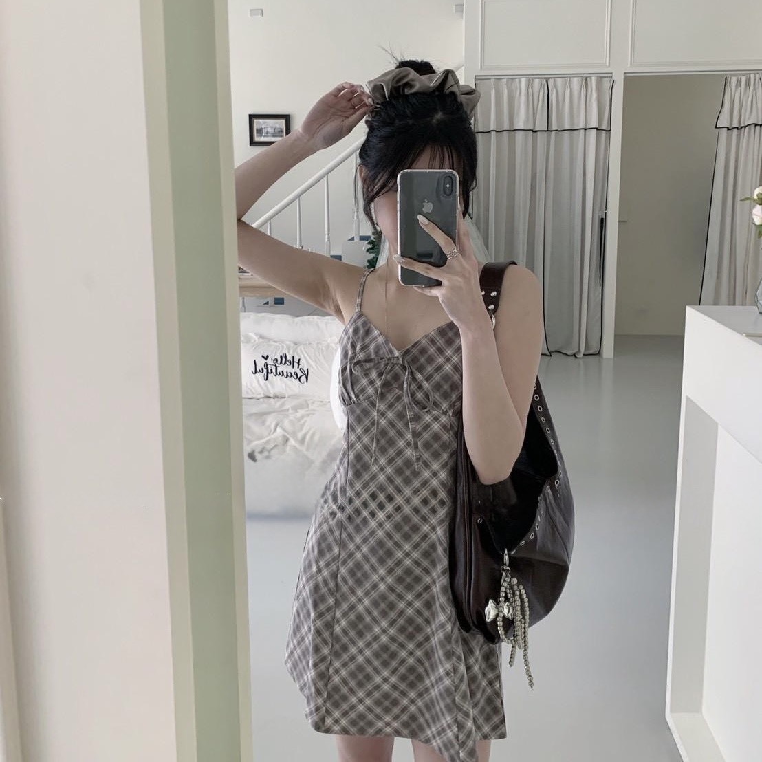 復古收腰格紋細肩帶洋裝 連身裙