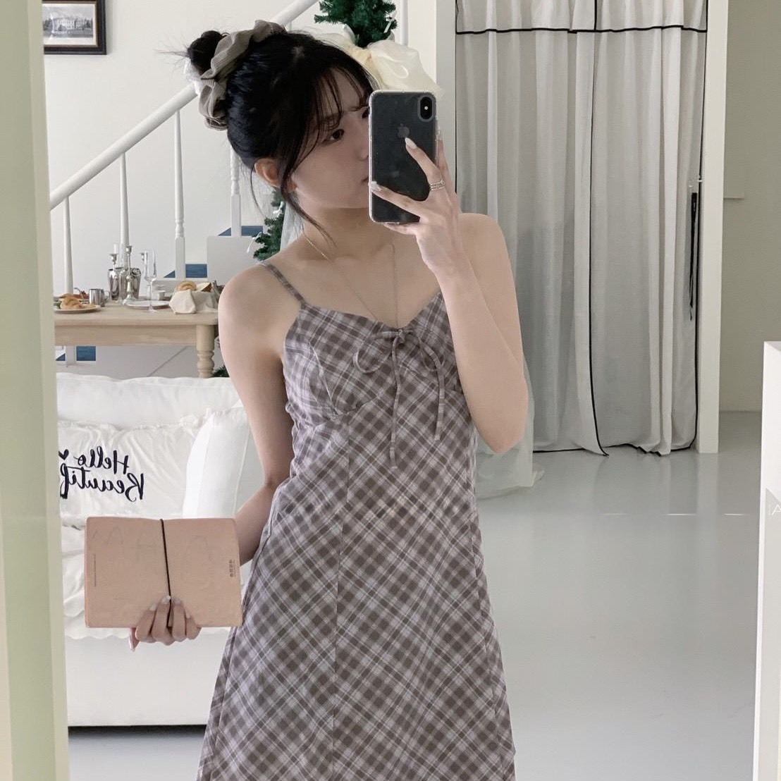 復古收腰格紋細肩帶洋裝 連身裙