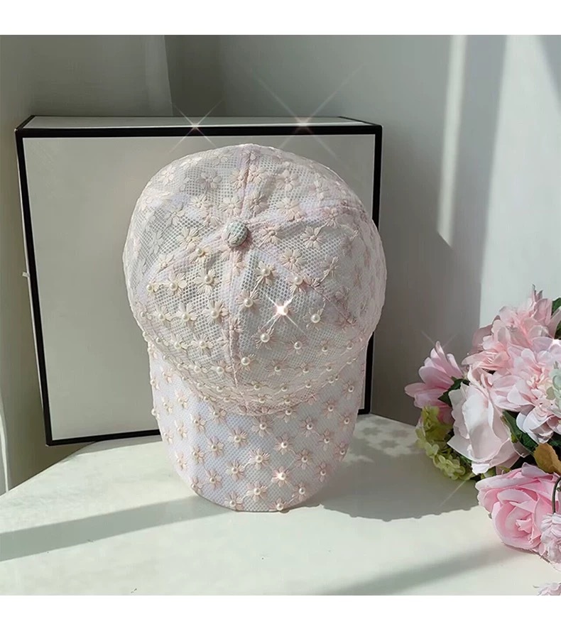 甜美花朵刺繡配珍珠網帽
