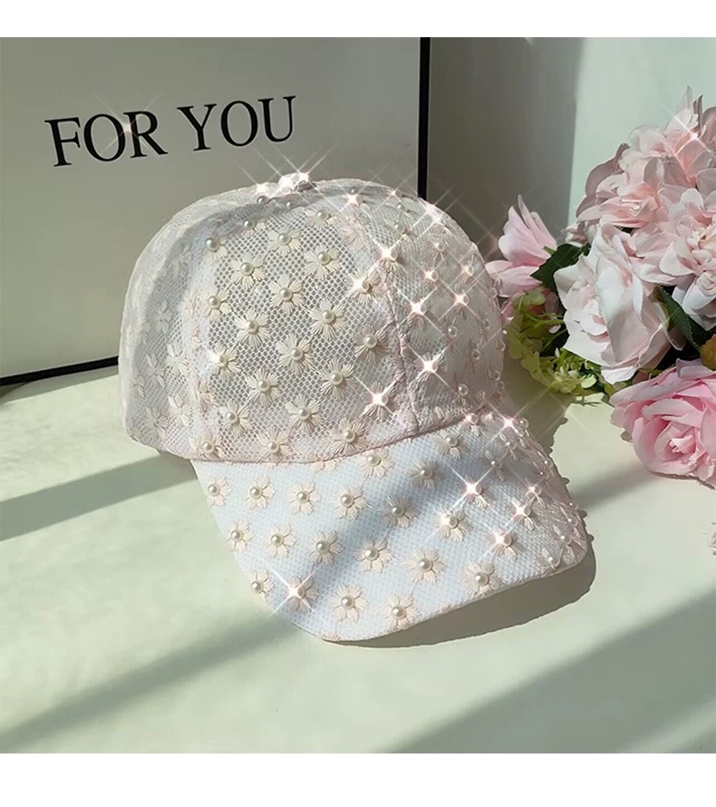 甜美花朵刺繡配珍珠網帽