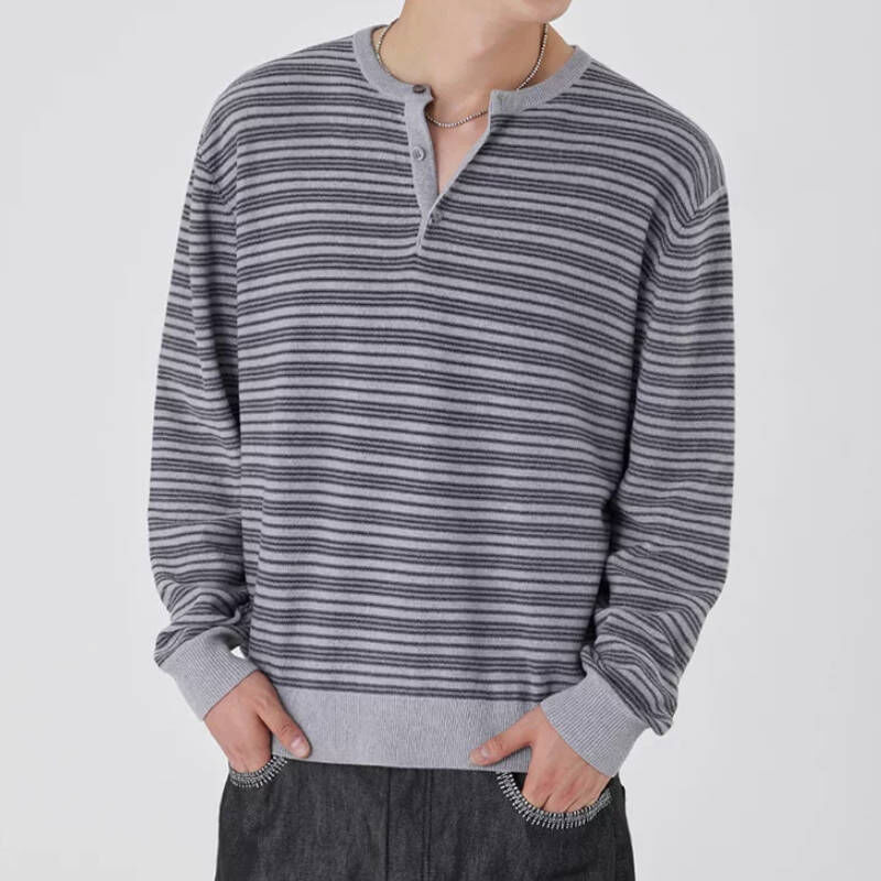 韓系街頭亨利領條紋短版百搭長袖T-Shirt