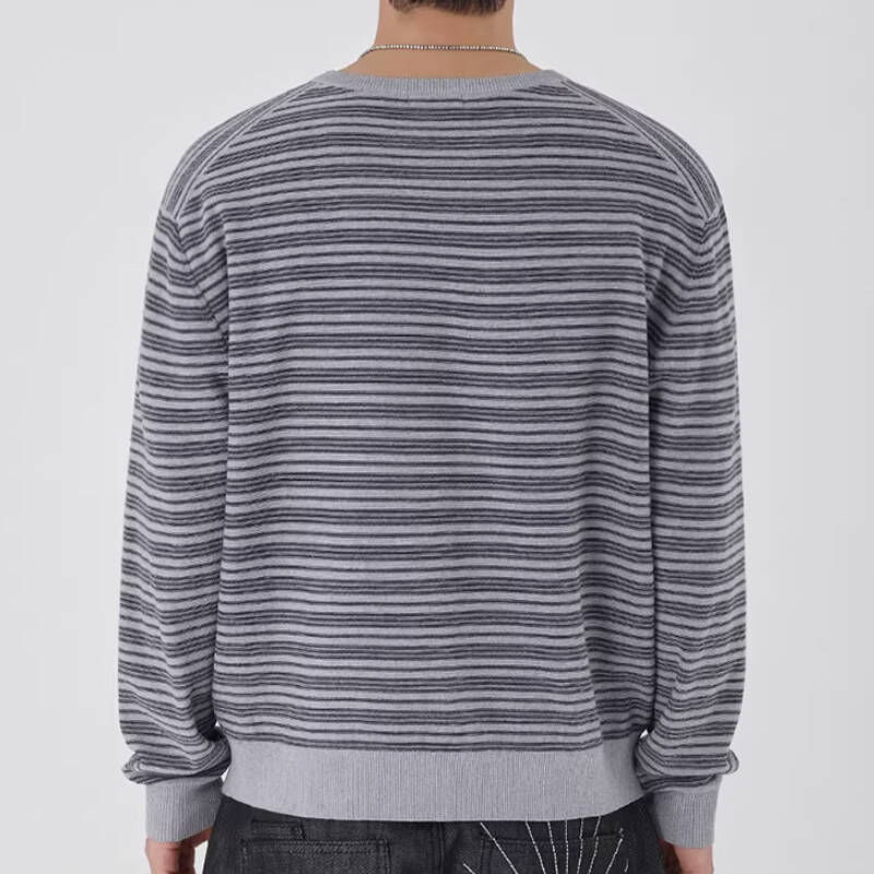 韓系街頭亨利領條紋短版百搭長袖T-Shirt