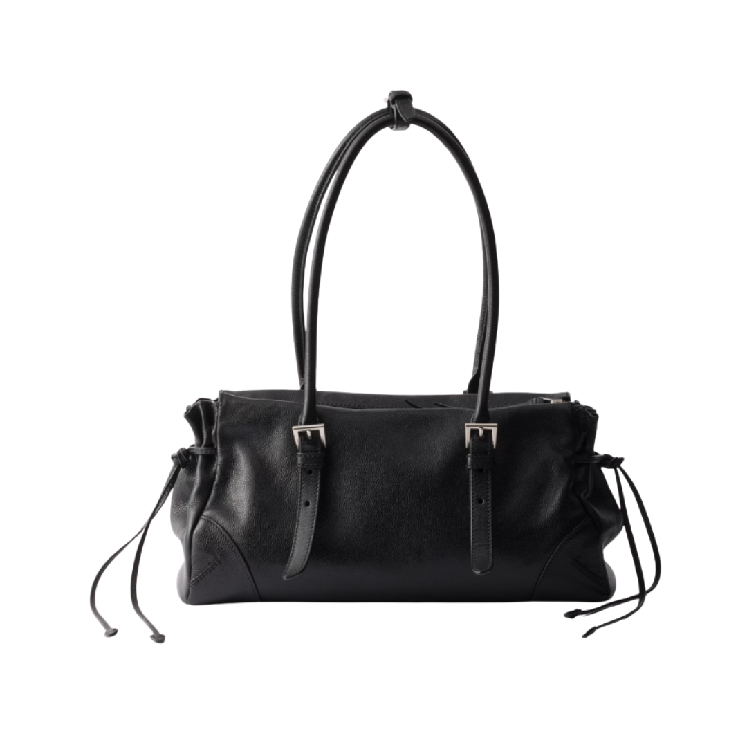 1FF0101-513 [PRADA] Prada Bonnie Medium Antiqued Leather Tote Bag Black (SS26) #1BG628_2HF2_F0002_V_OOO (B-EU-E)