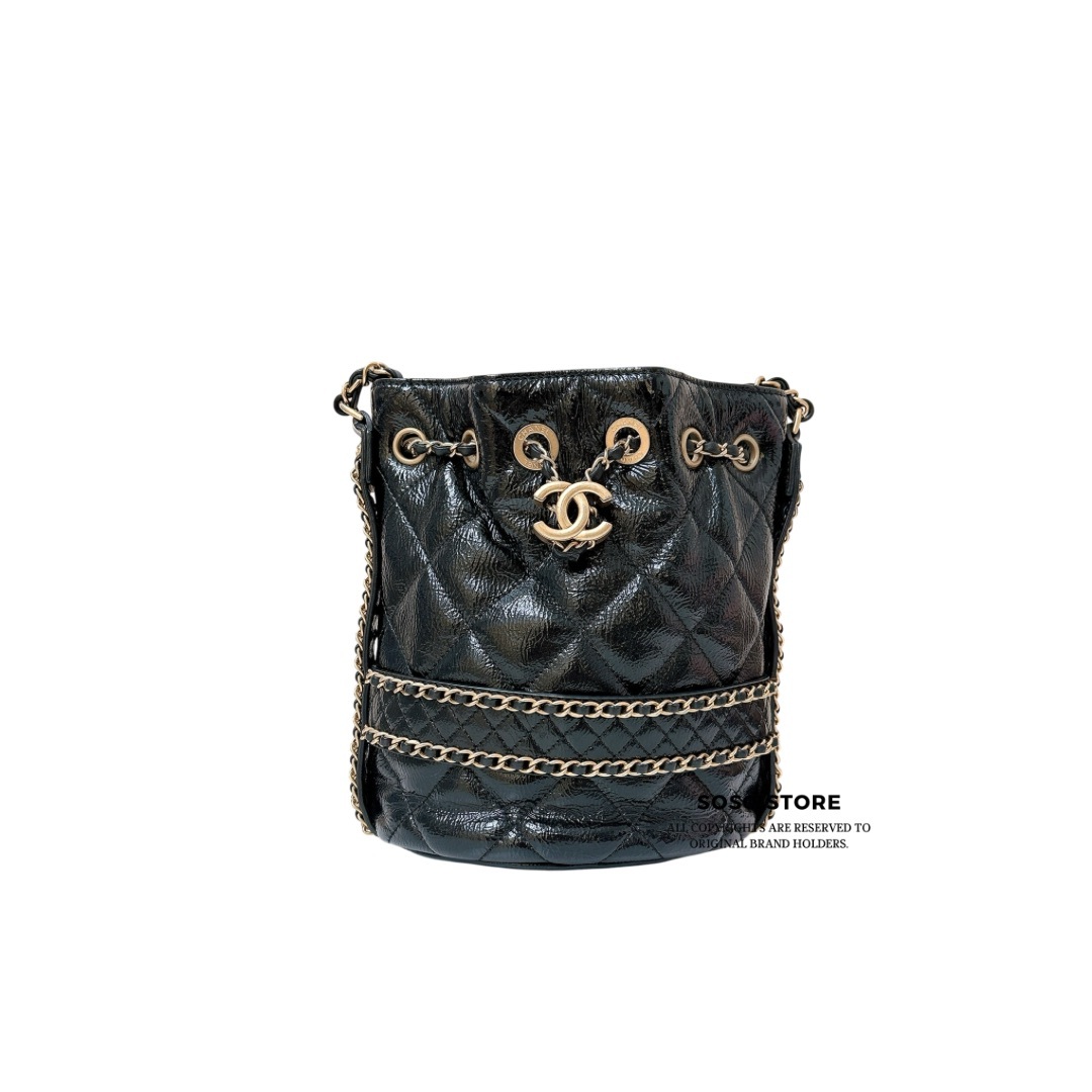 Chanel Quilted Chain Bucket Drawstring Bag - Black / GHW