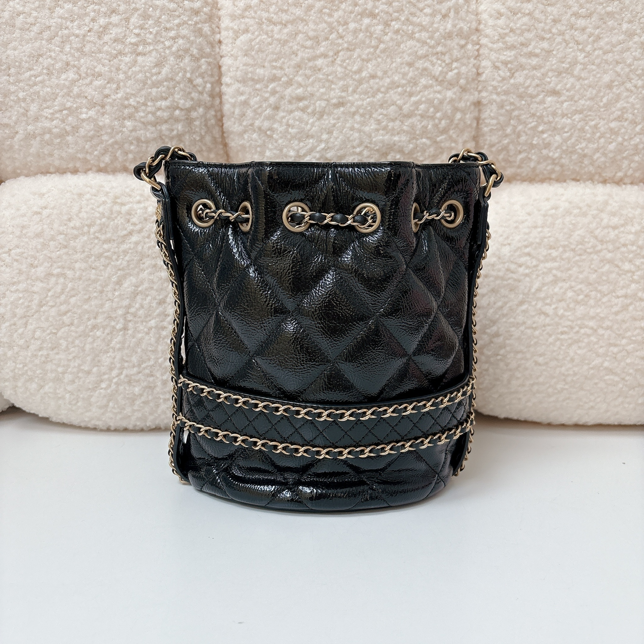 Chanel Quilted Chain Bucket Drawstring Bag - Black / GHW