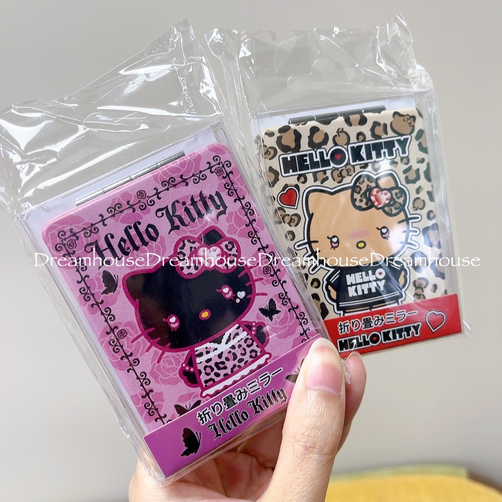 日本限定 三麗鷗 凱蒂貓 kitty 曬黑 黑臉 辣妹 皮革 折疊隨身鏡 雙面鏡 手持鏡 鏡子