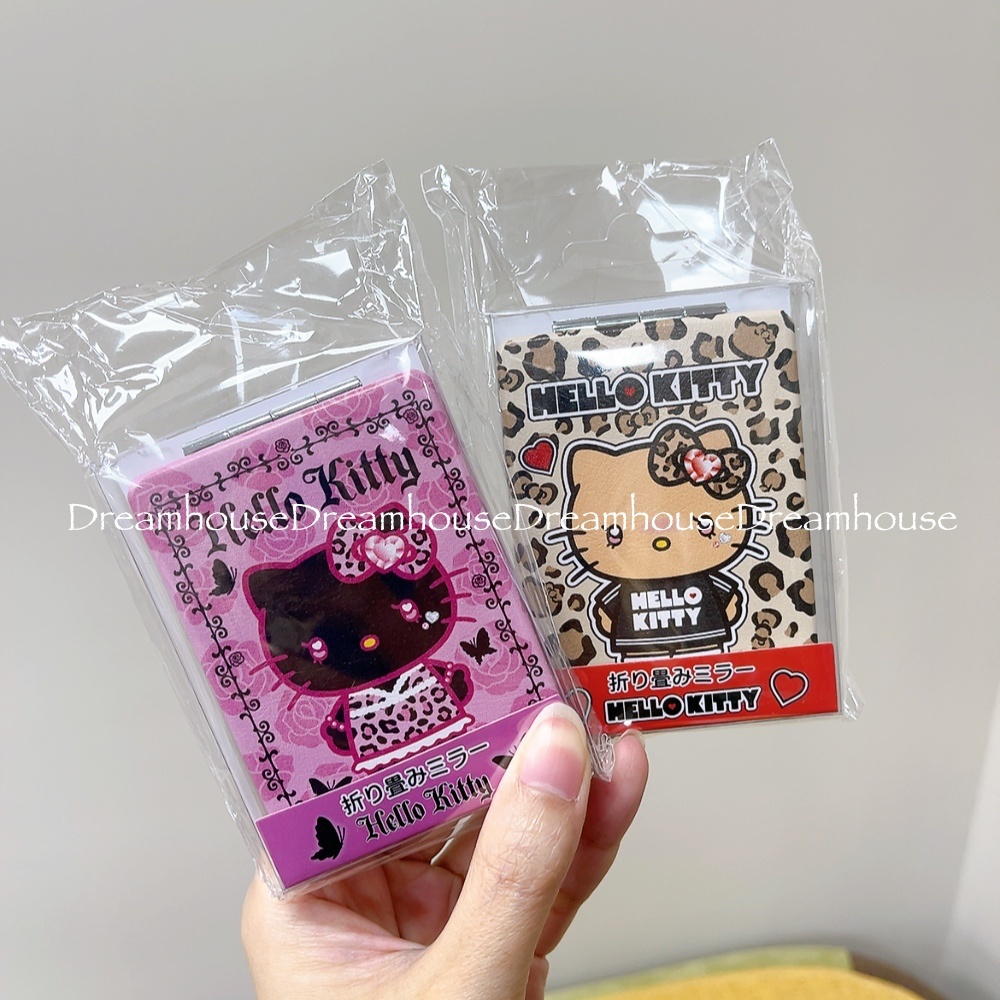 日本限定 三麗鷗 凱蒂貓 kitty 曬黑 黑臉 辣妹 皮革 折疊隨身鏡 雙面鏡 手持鏡 鏡子