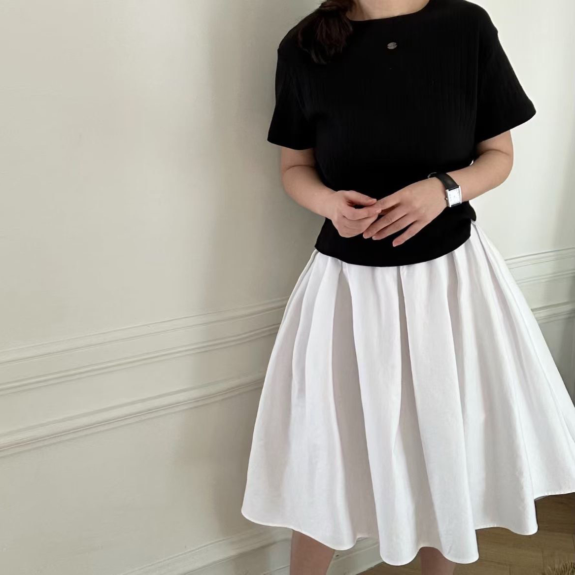 經典黑白色系鬆緊腰澎澎傘擺長裙-F / 2色