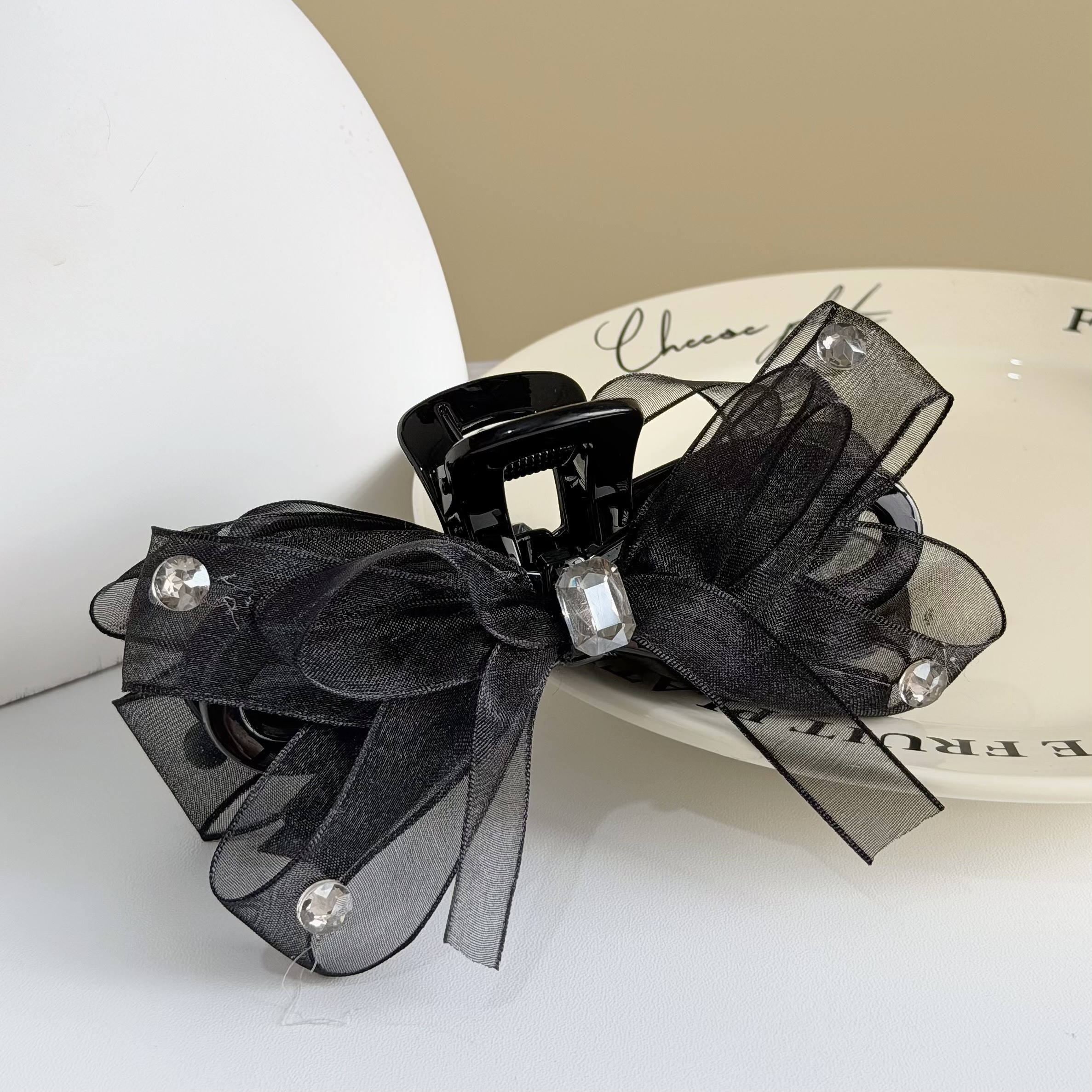 T164方塊水鑽網紗蝴蝶結鯊魚夾