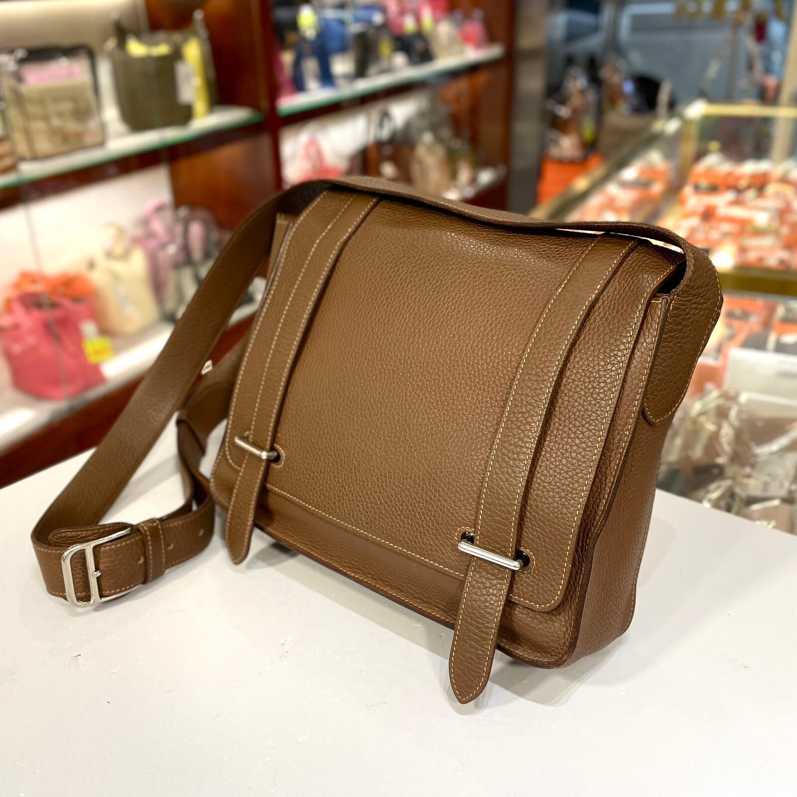 95%NEW二手HERMES郵差包T STAMP (2016) STEVE GOLD TC PHW 金棕色 #香榭站正品