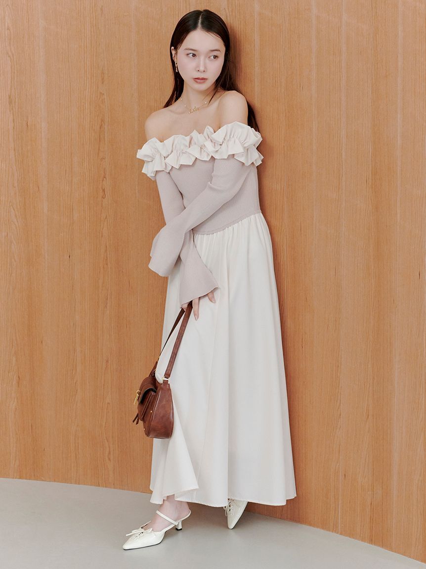 [預購] LILY BROWN 荷葉領針織拼接長洋裝