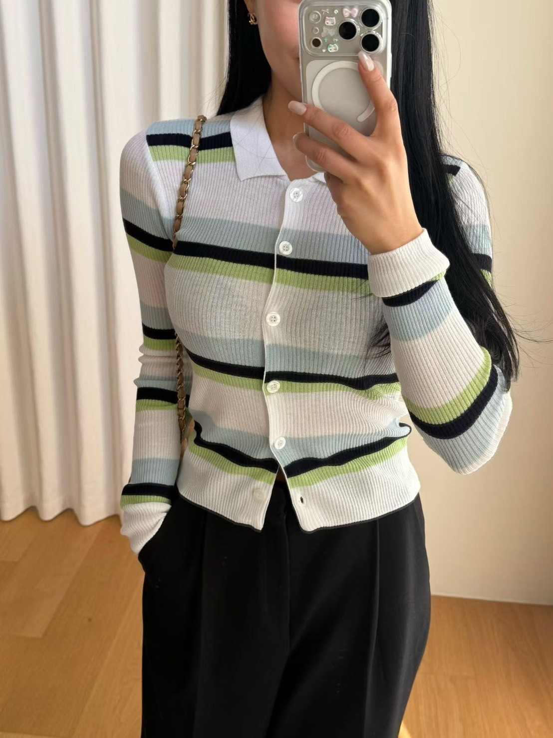 彩條白領薄針開釦上衣