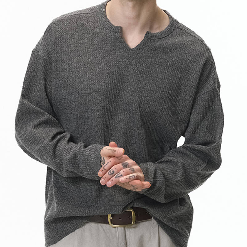 純色V領寬鬆老錢風華夫格長袖T-Shirt