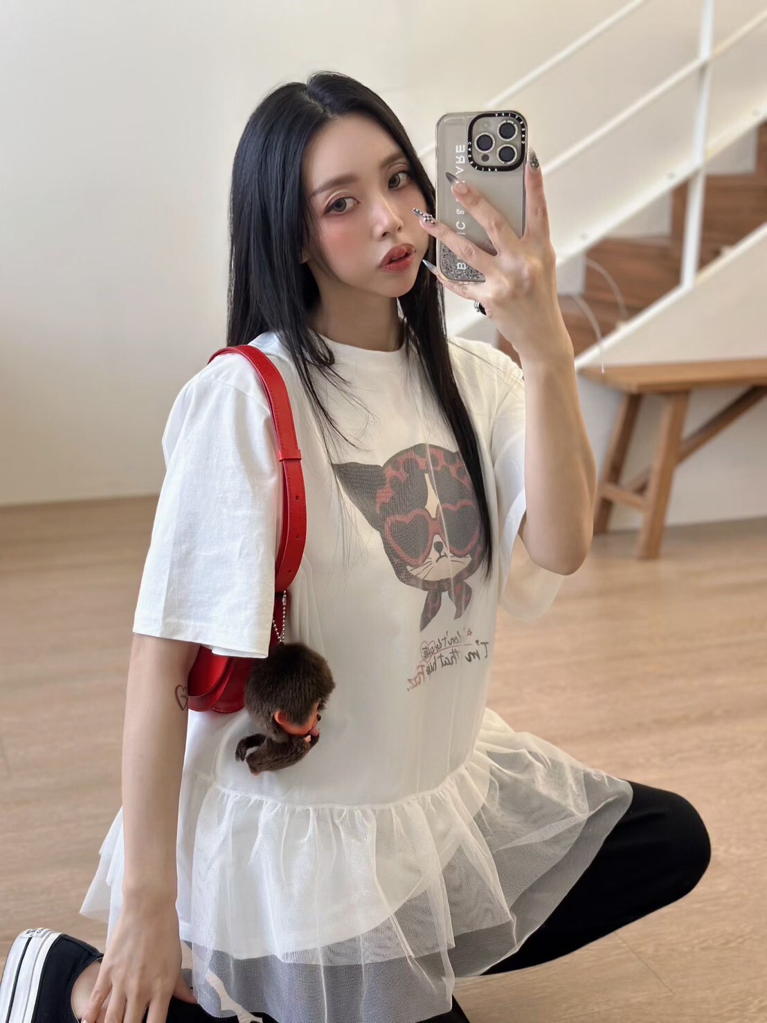 愛心墨鏡貓紗襬短袖T