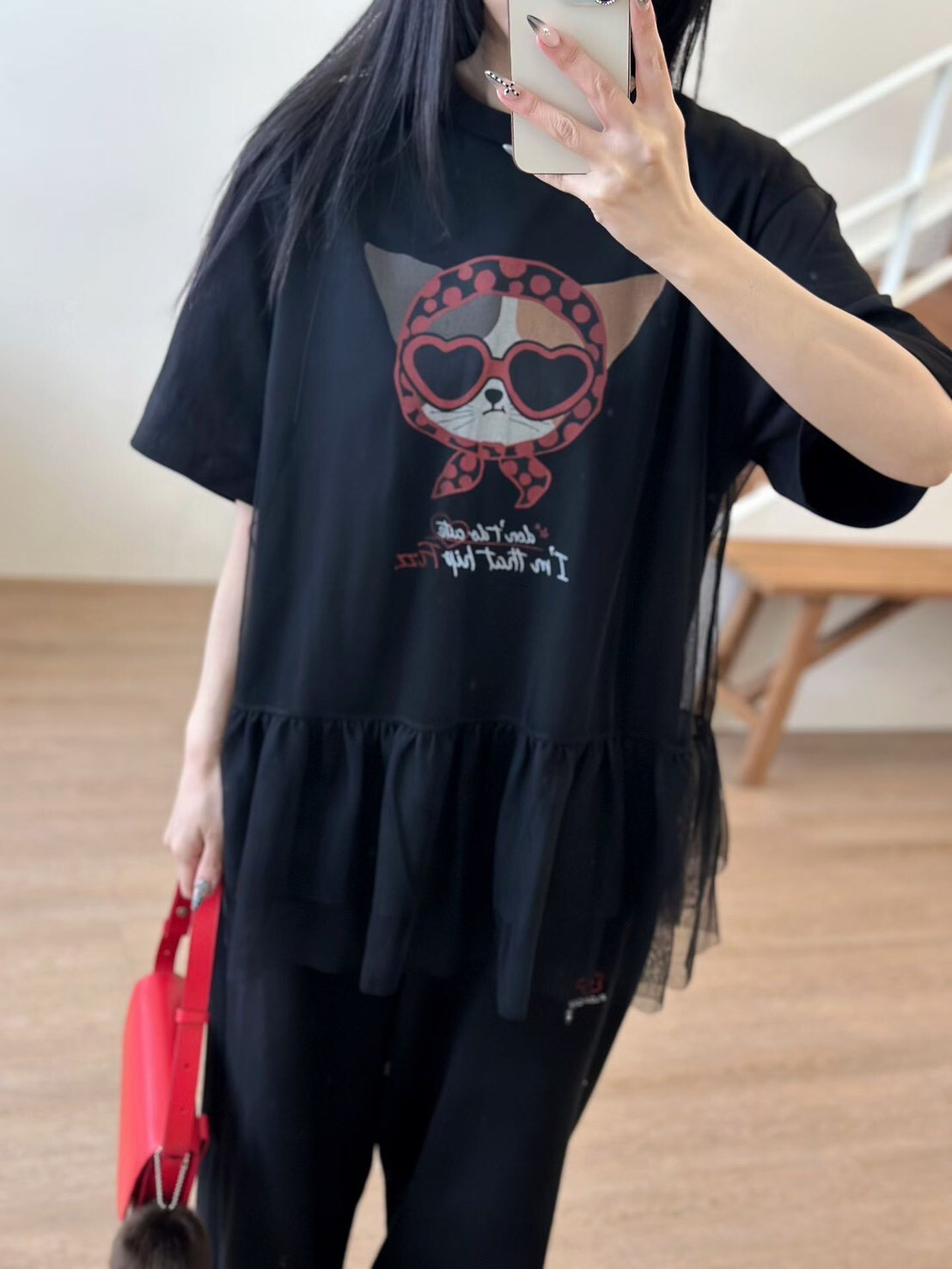 愛心墨鏡貓紗襬短袖T