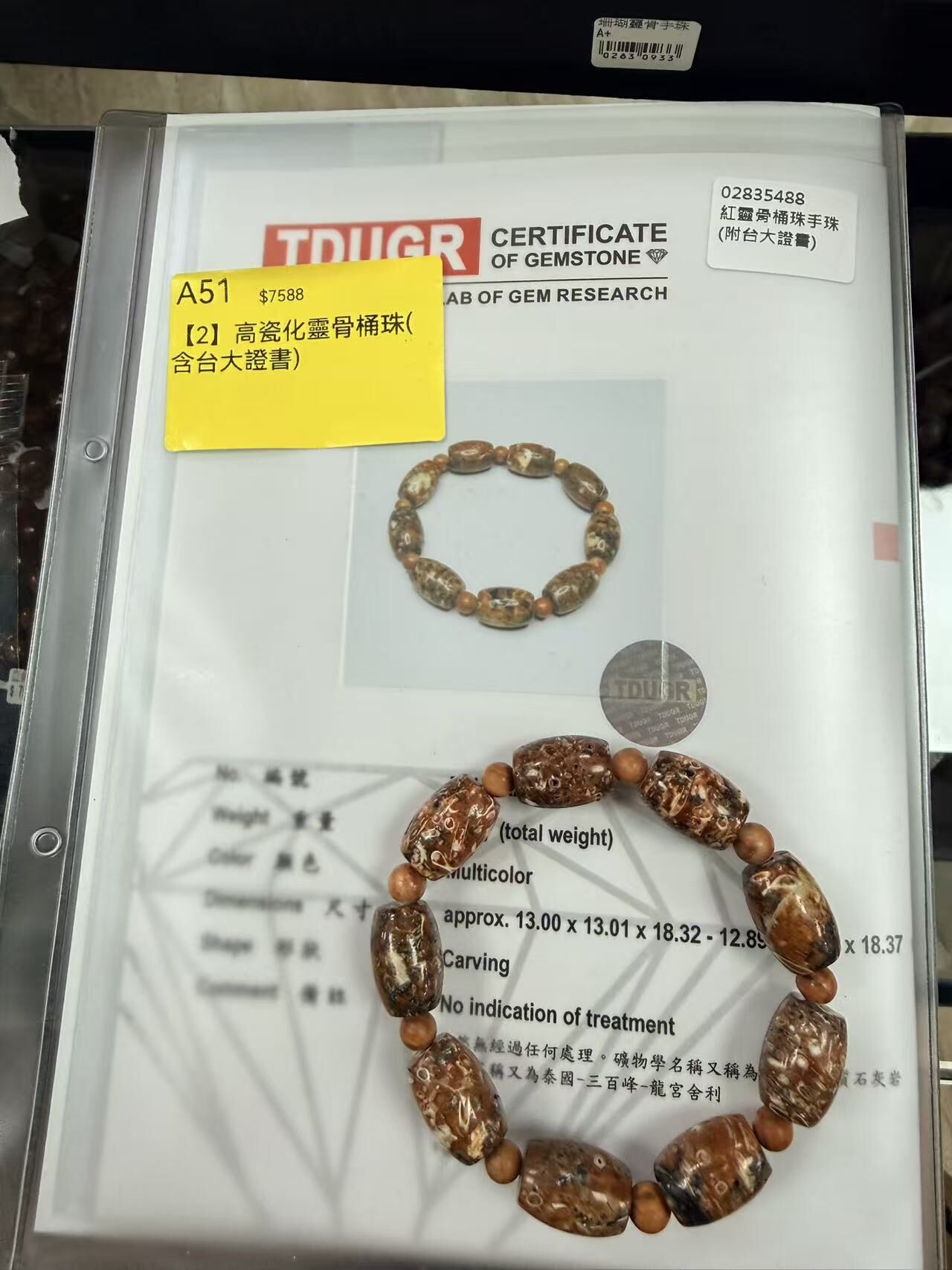 0304TW51-台灣龍宮-紅靈骨桶手珠(含台大證書)（A51）