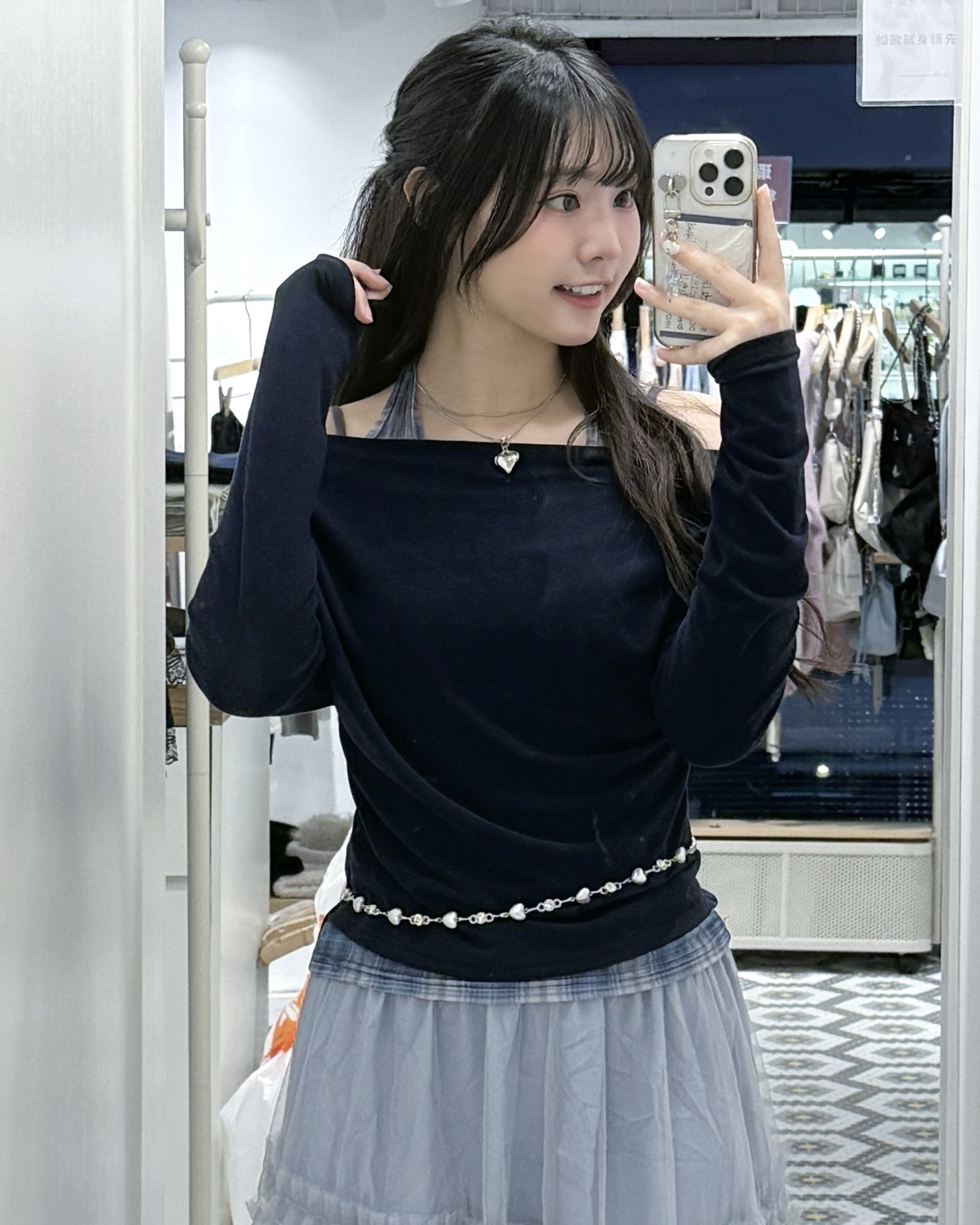 T1262｜慵懶系透視藍格紋掛頸長袖假兩件⋆˚꩜｡🐋