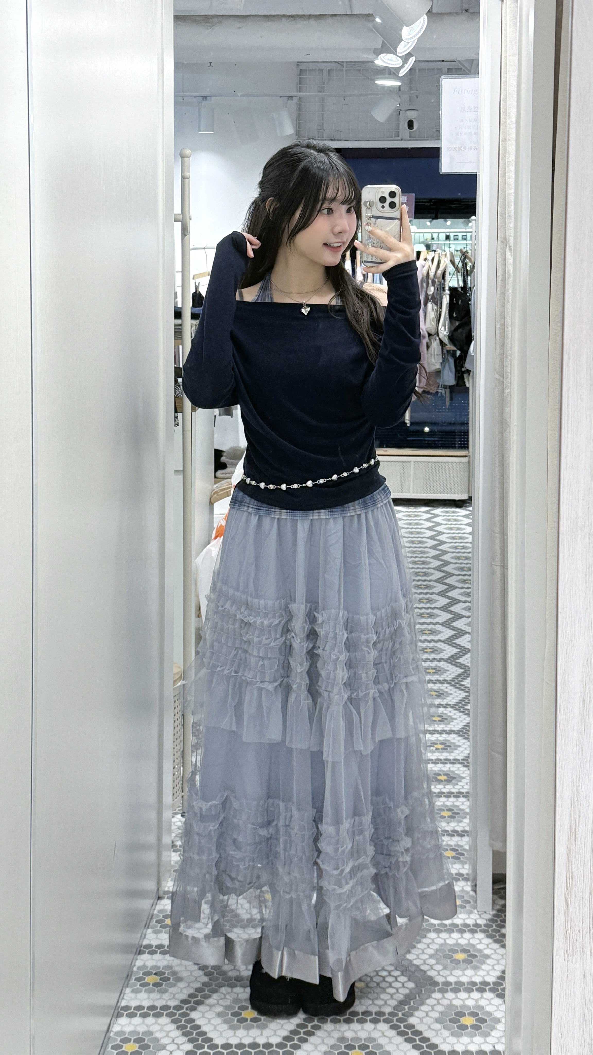 T1262｜慵懶系透視藍格紋掛頸長袖假兩件⋆˚꩜｡🐋