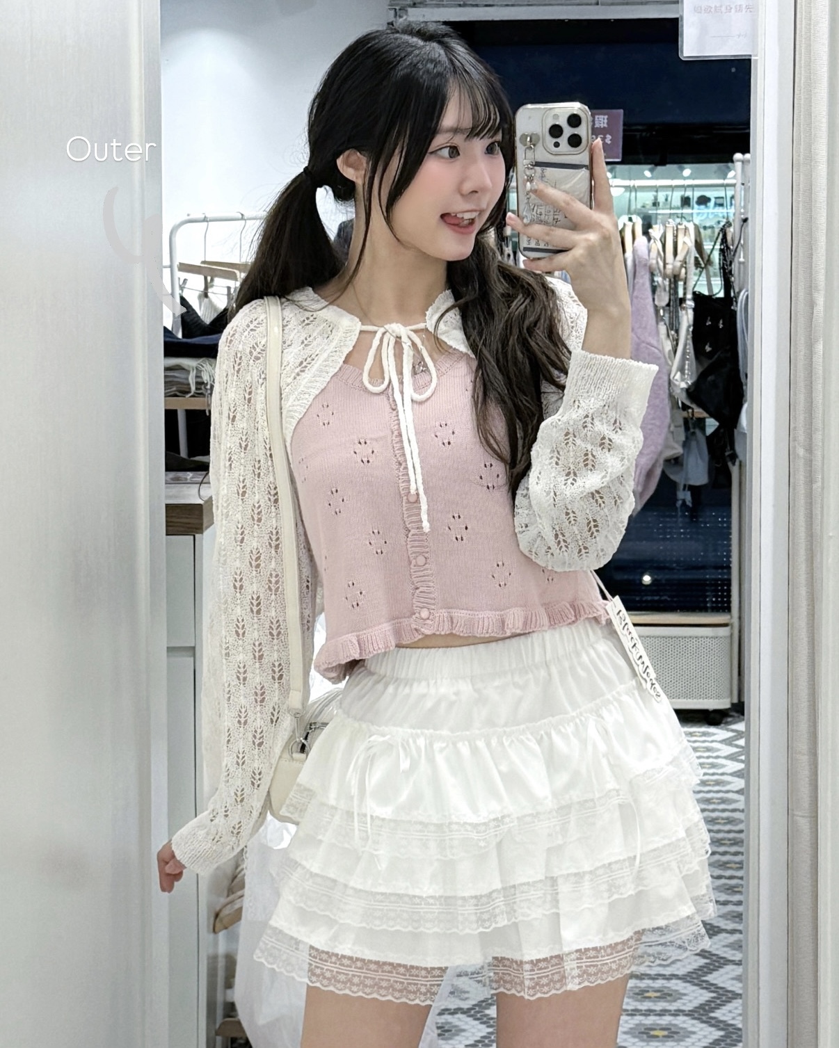 K0452｜初春感˚˖𓍢ִ໋`🌿: 葉子通花綁帶針織手袖外套