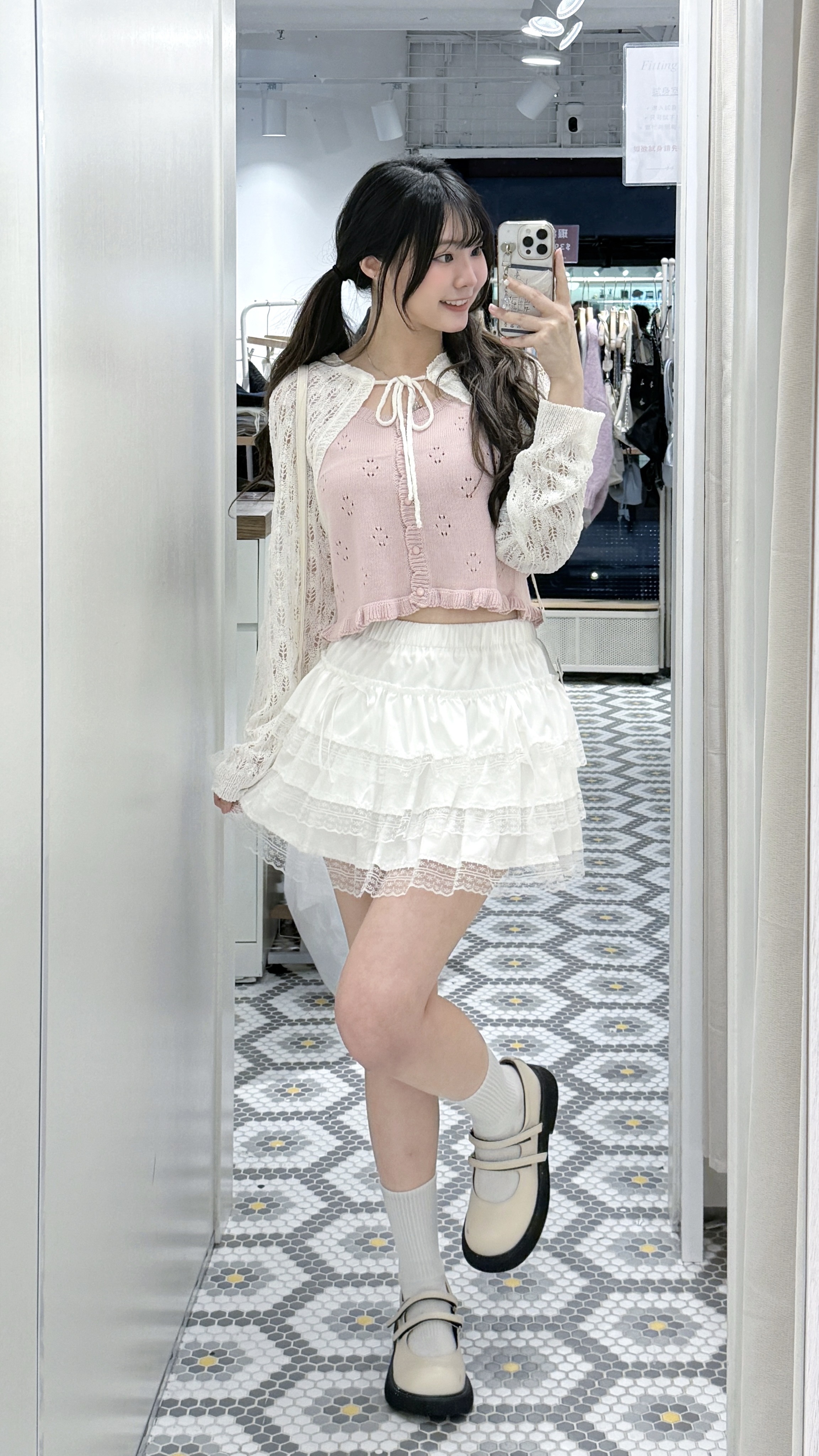 K0452｜初春感˚˖𓍢ִ໋`🌿: 葉子通花綁帶針織手袖外套