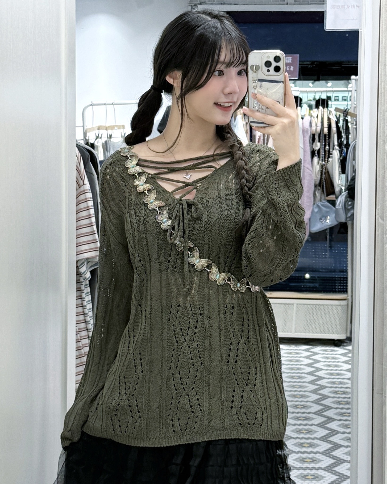 K0451｜Y2K型格綁繩洞洞針織⋆🖤𐙚₊˚⊹