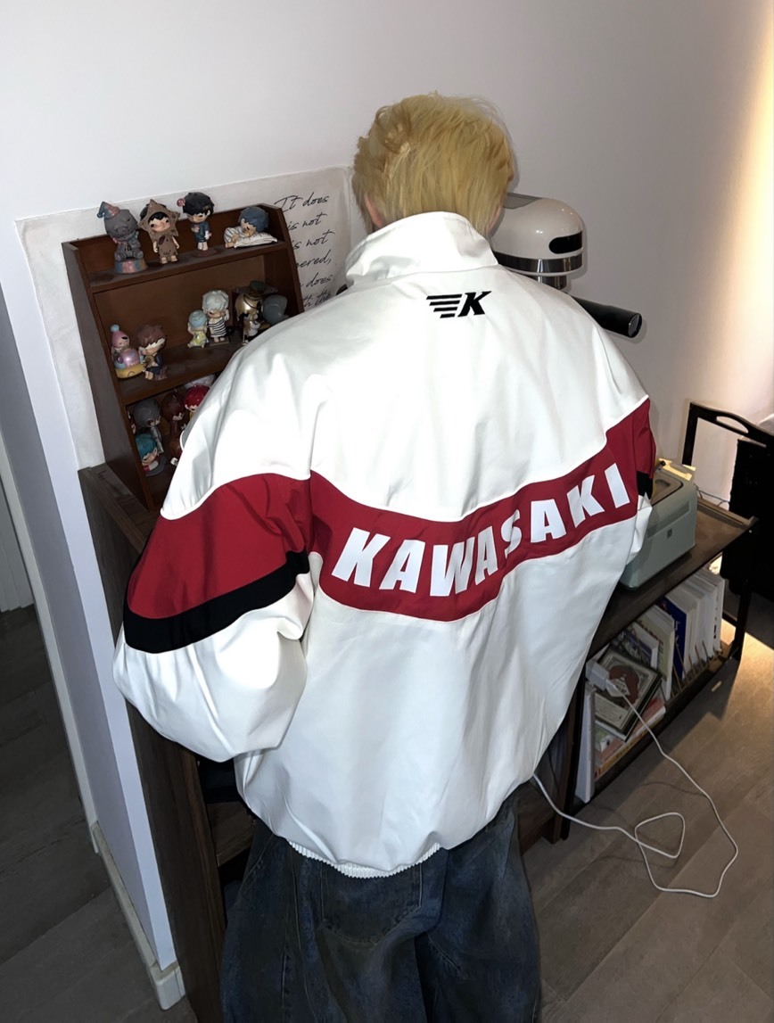 Kawasaki 美式 復古 街頭 字母 刺繡 機車風 F1賽車 拉鍊 撞色 拼接 防風 外套 2色 KS-DX66308-YH561