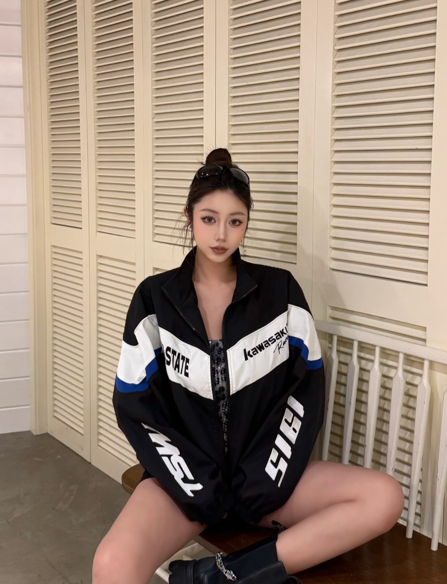 Kawasaki 美式 復古 街頭 字母 刺繡 機車風 F1賽車 拉鍊 撞色 拼接 防風 外套 2色 KS-DX66308-YH561