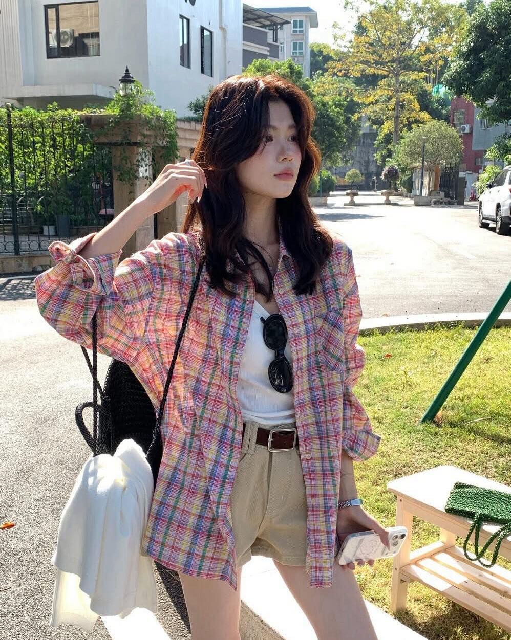 【繽紛百搭的彩色格紋拼接襯衫】（預購）