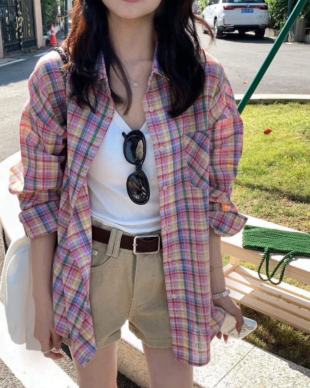 【繽紛百搭的彩色格紋拼接襯衫】（預購）