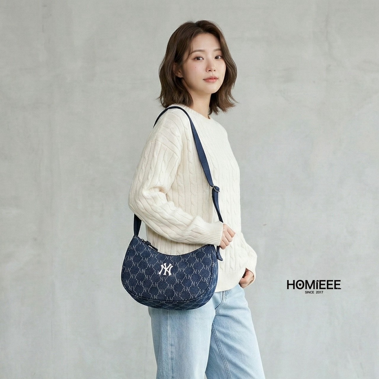 MLB Monogram Denim Hobo Bag 單肩包 側背包 黑色 深藍 [3ABQMV45]
