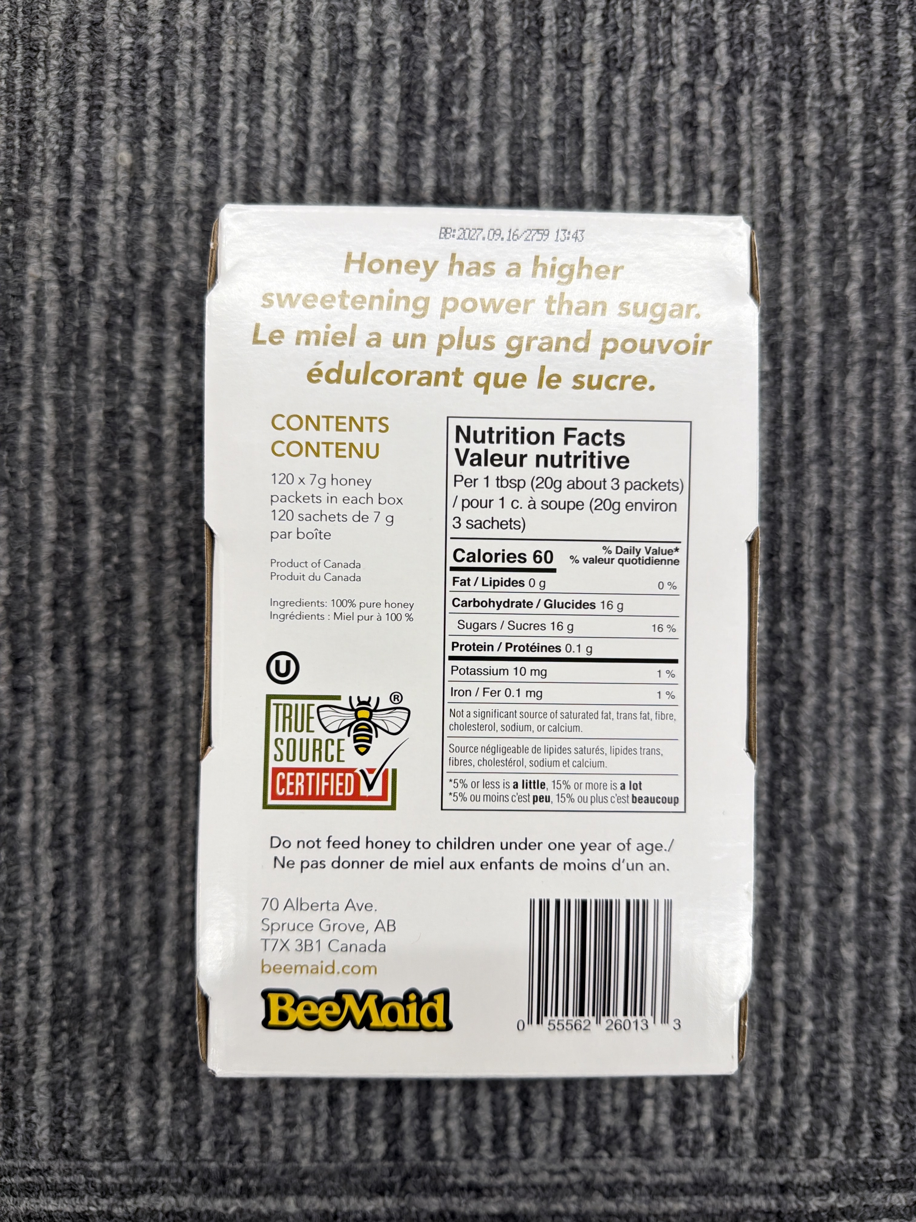 RE47 加拿大BEEMAID LIL HONEYS蜂蜜便攜條裝(7gx120包)**到期日:約2027/09