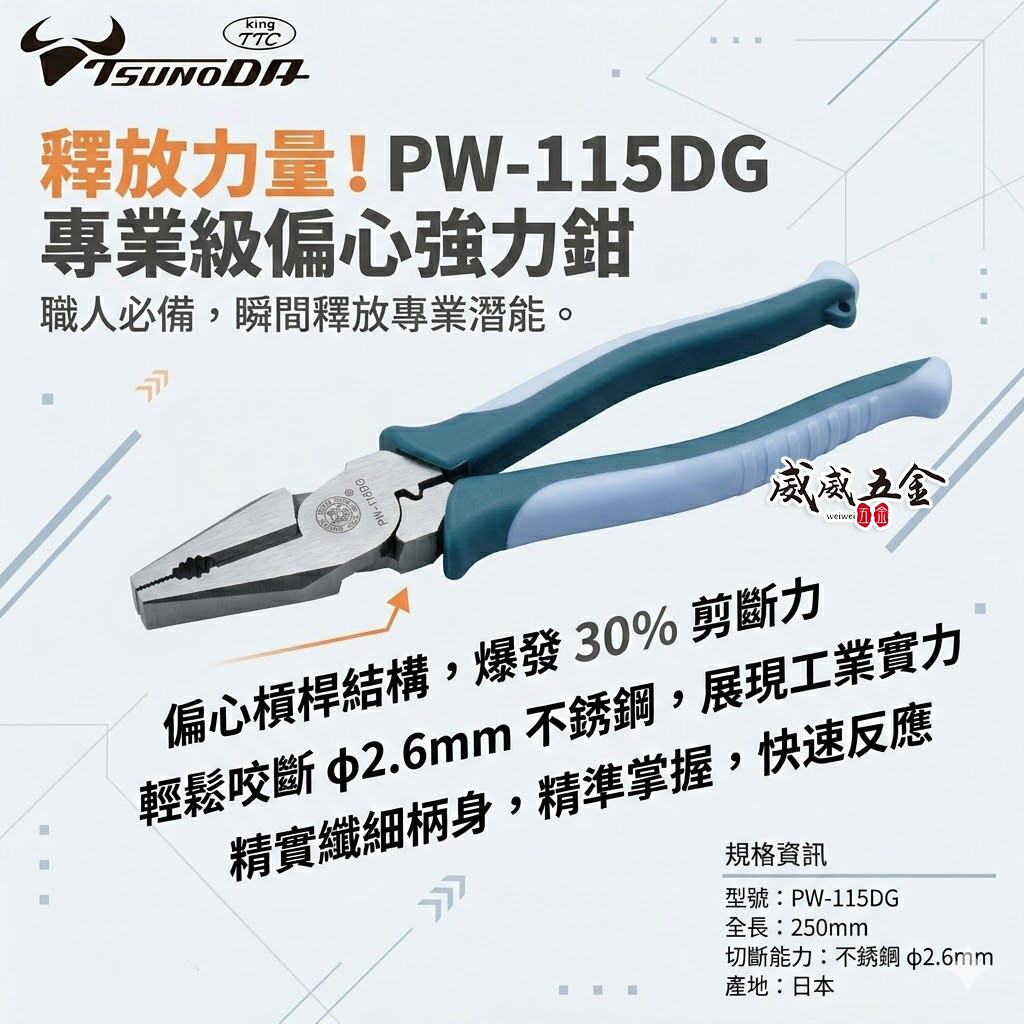日本製 TTC 角田 TSUNODA｜PW-115DG｜225mm 膠柄鋼絲鉗 剪斷鉗 偏芯省力鋼絲鉗 鐵鉗