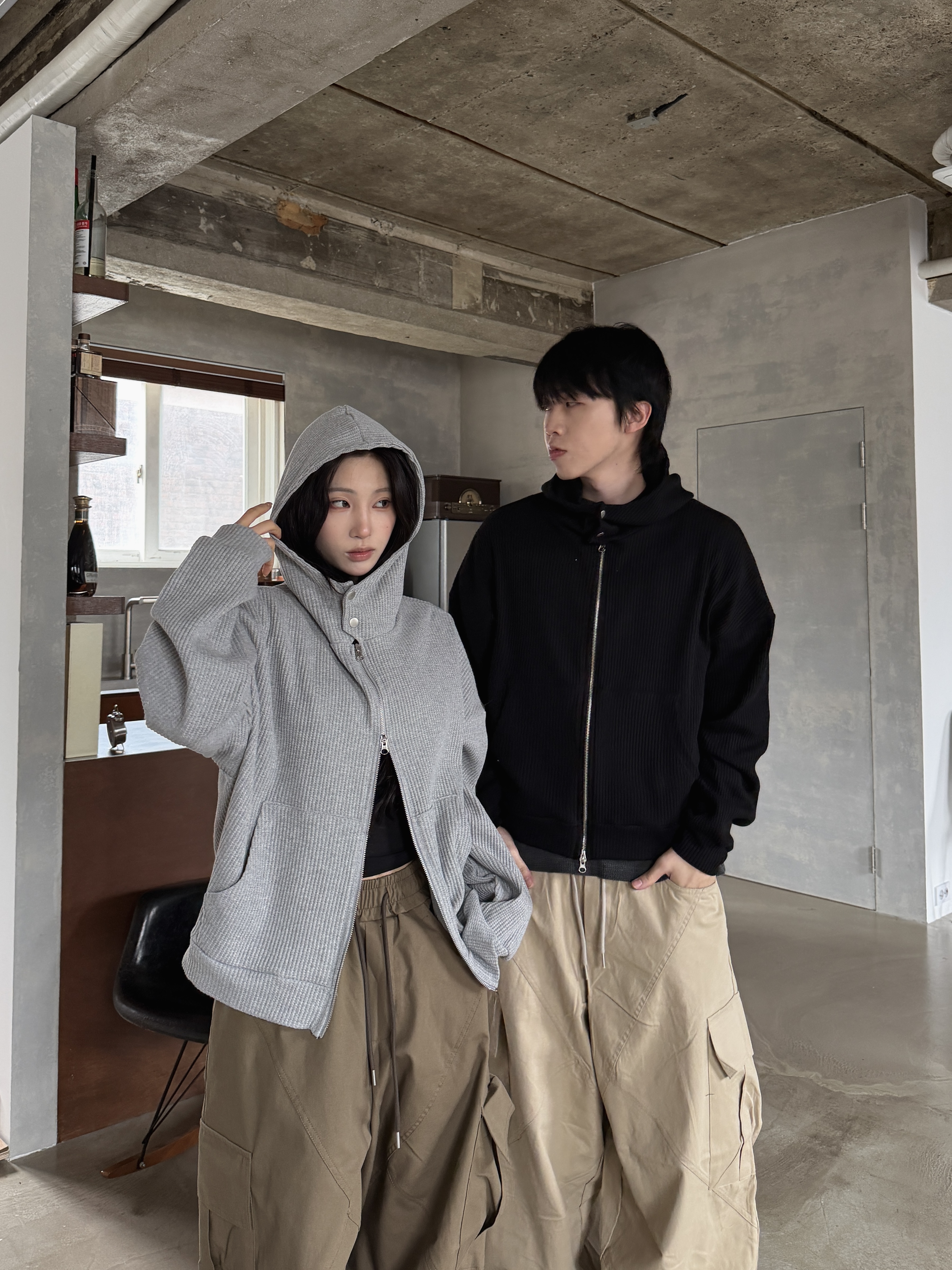 雙釦高領 華夫格 寬鬆短版連帽外套