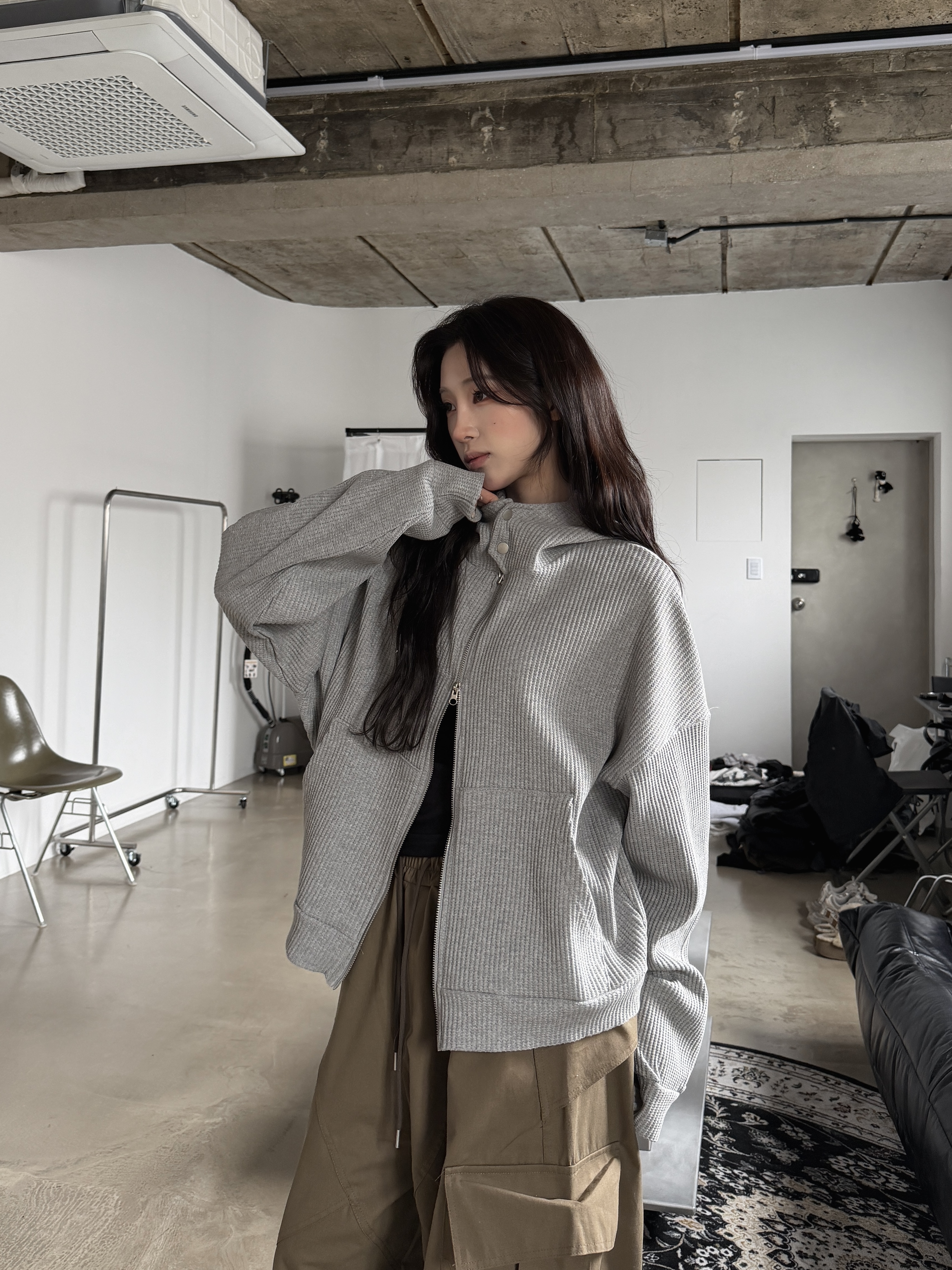 雙釦高領 華夫格 寬鬆短版連帽外套