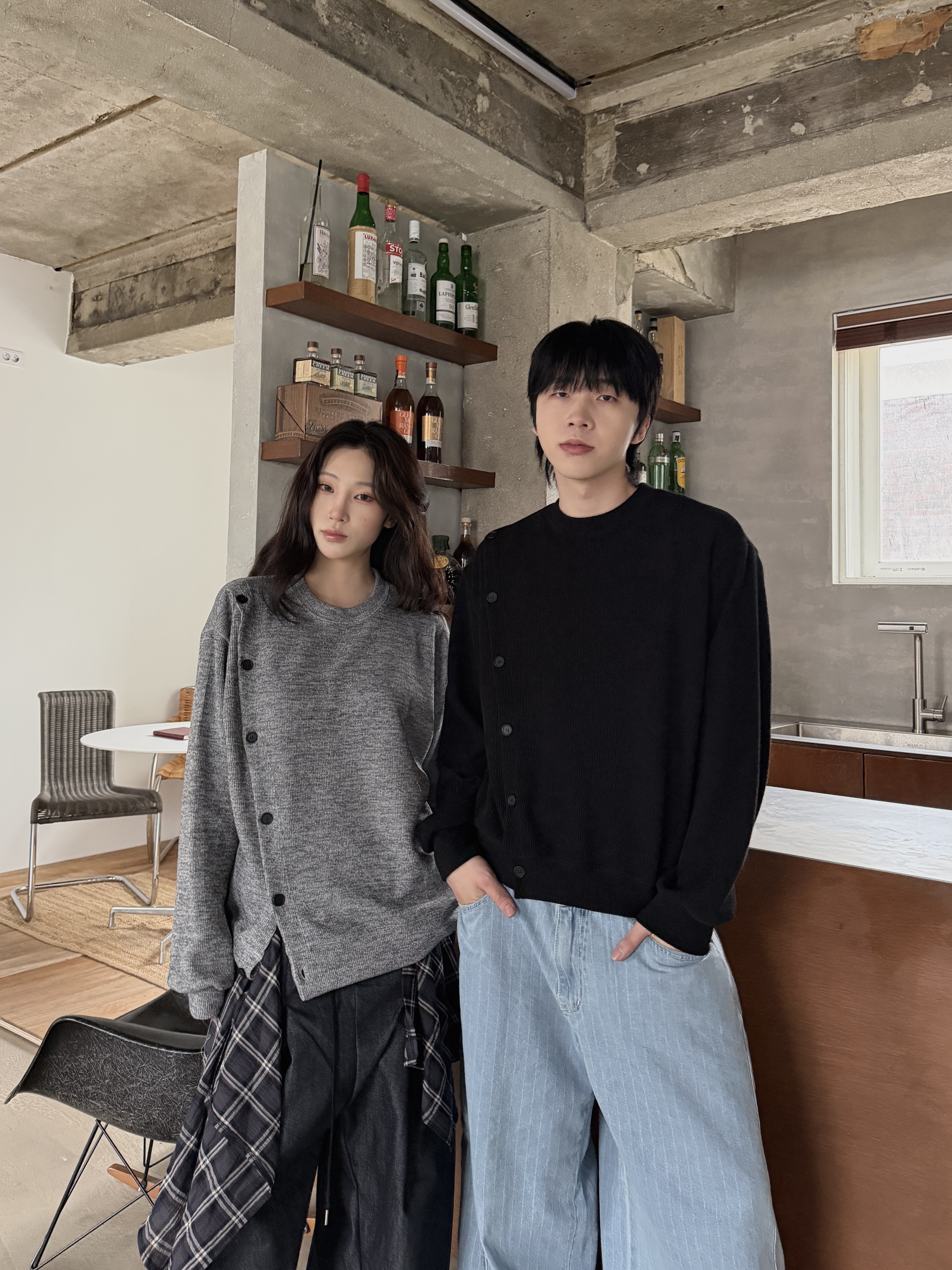 斜扣針織 素面寬鬆 薄長袖毛衣