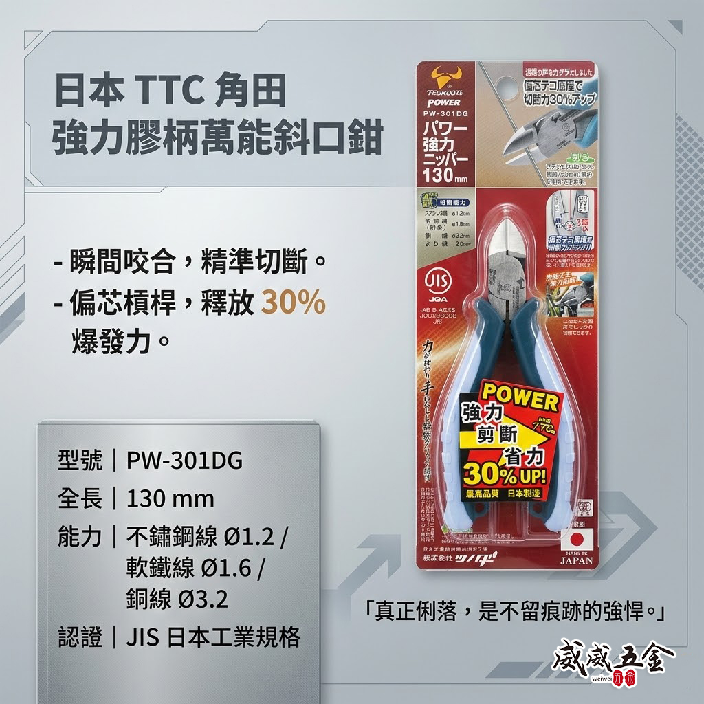 日本製 TTC 角田 TSUNODA｜膠柄萬能斜口鉗 130mm 剪斷膠柄斜嘴鉗 斜口剪刀｜PW-301DG