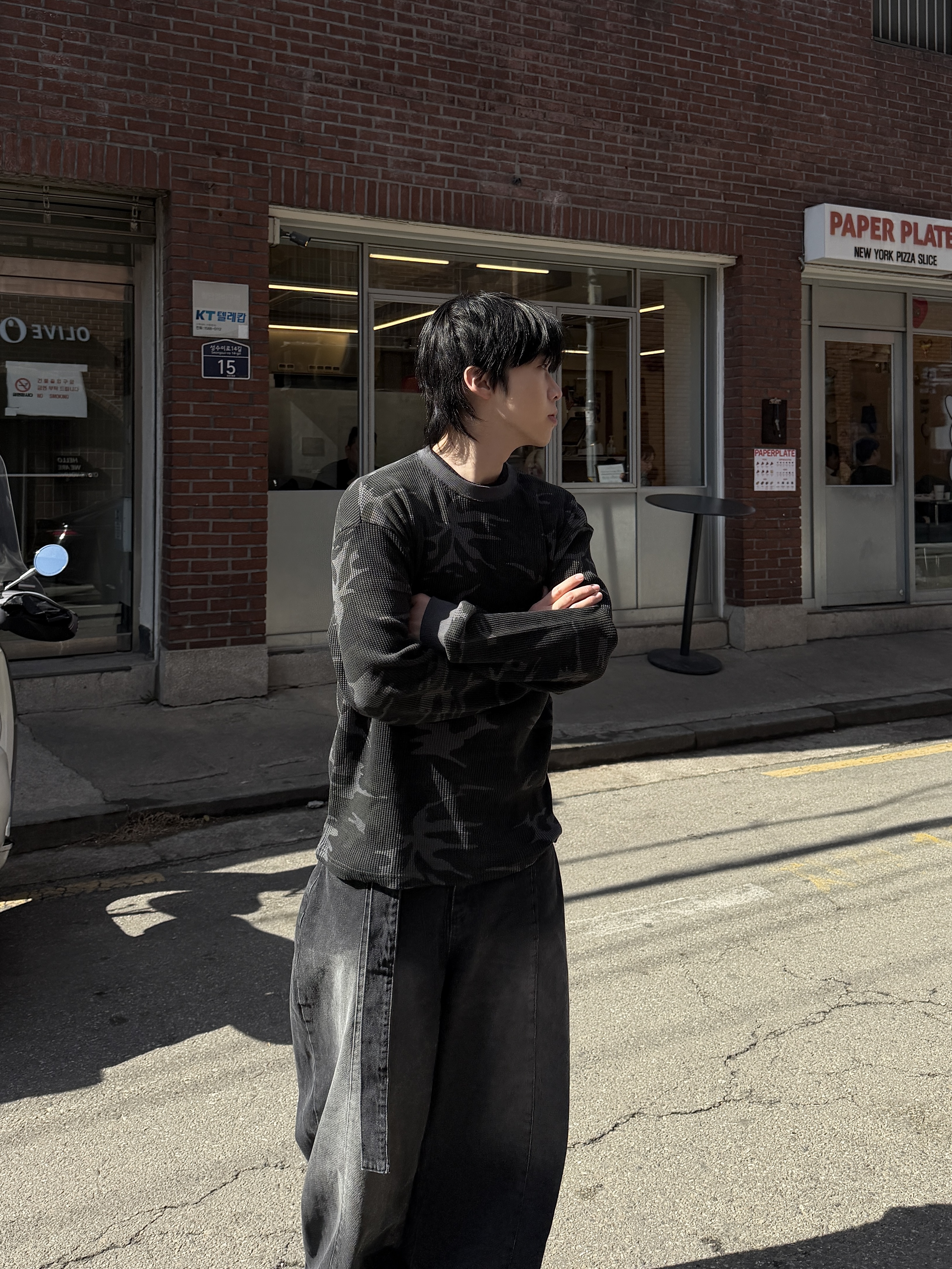 立體華夫格 低調迷彩 寬鬆長袖上衣