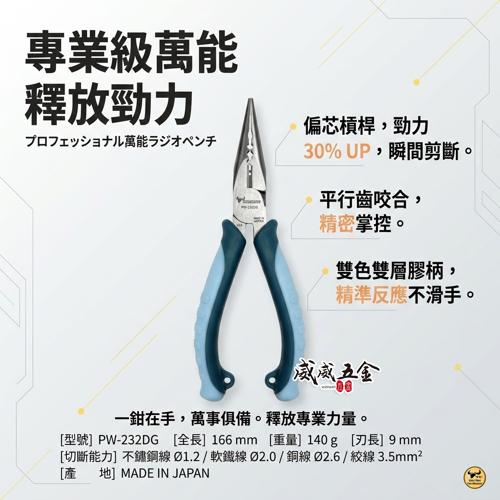 日本製 KING TTC 角田 TSUNODA｜省力型萬能尖口鉗 6" 膠柄尖嘴鉗 剪斷鉗｜PW-232DG