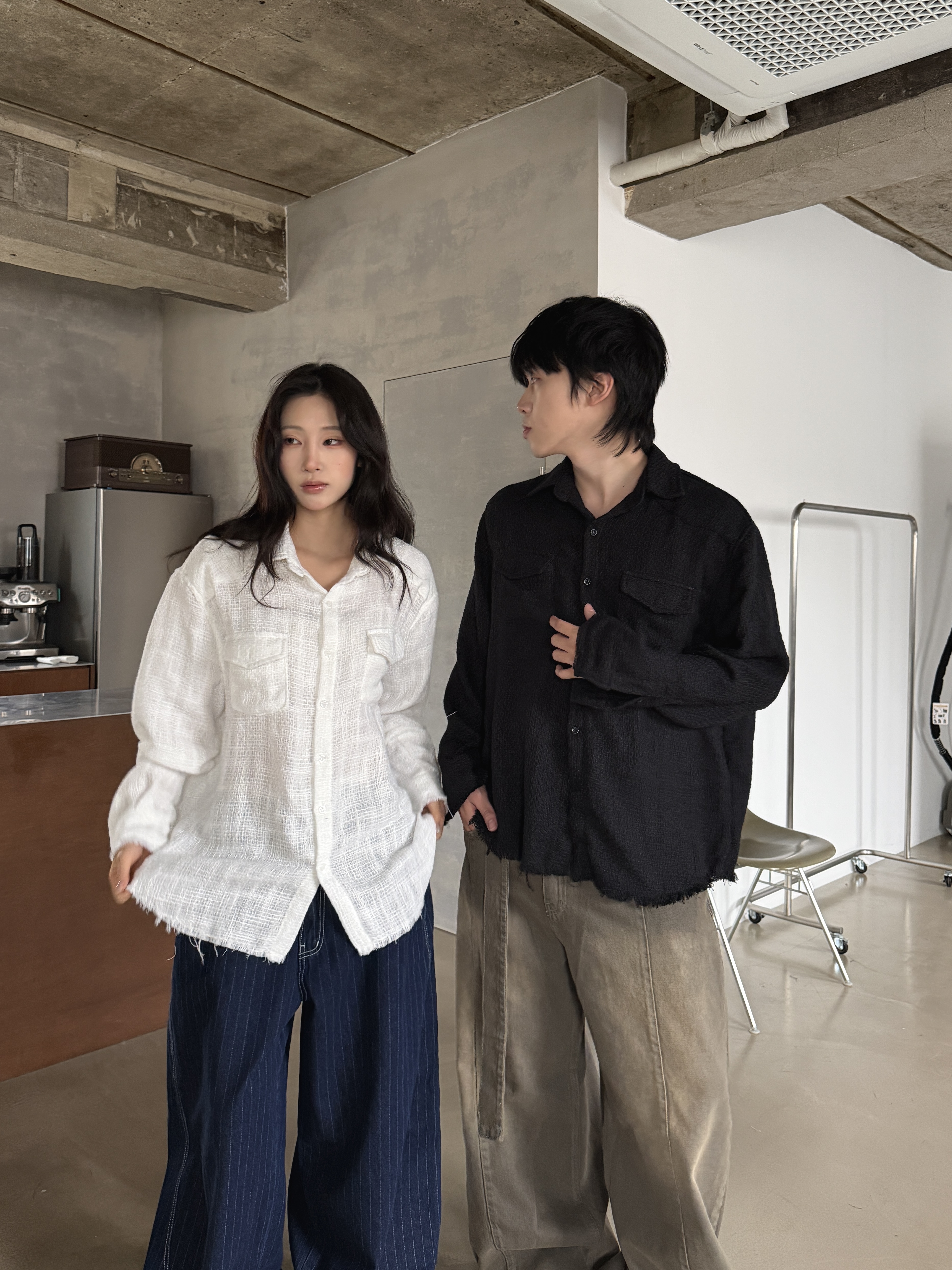 波希米亞 雙口袋 破壞寬鬆長袖襯衫