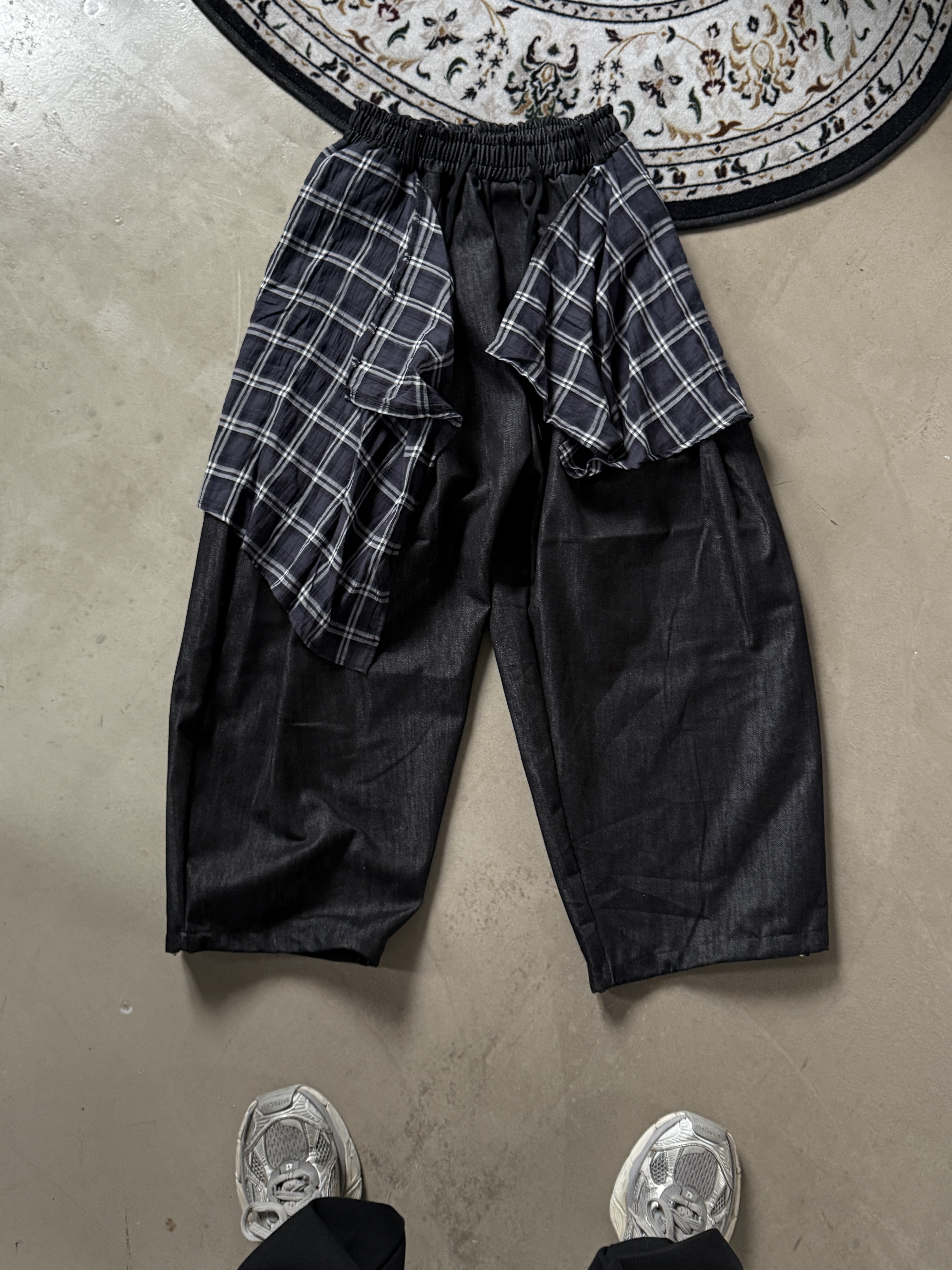 [BEST] 格紋拼接 丹寧層次牛仔 寬鬆長褲