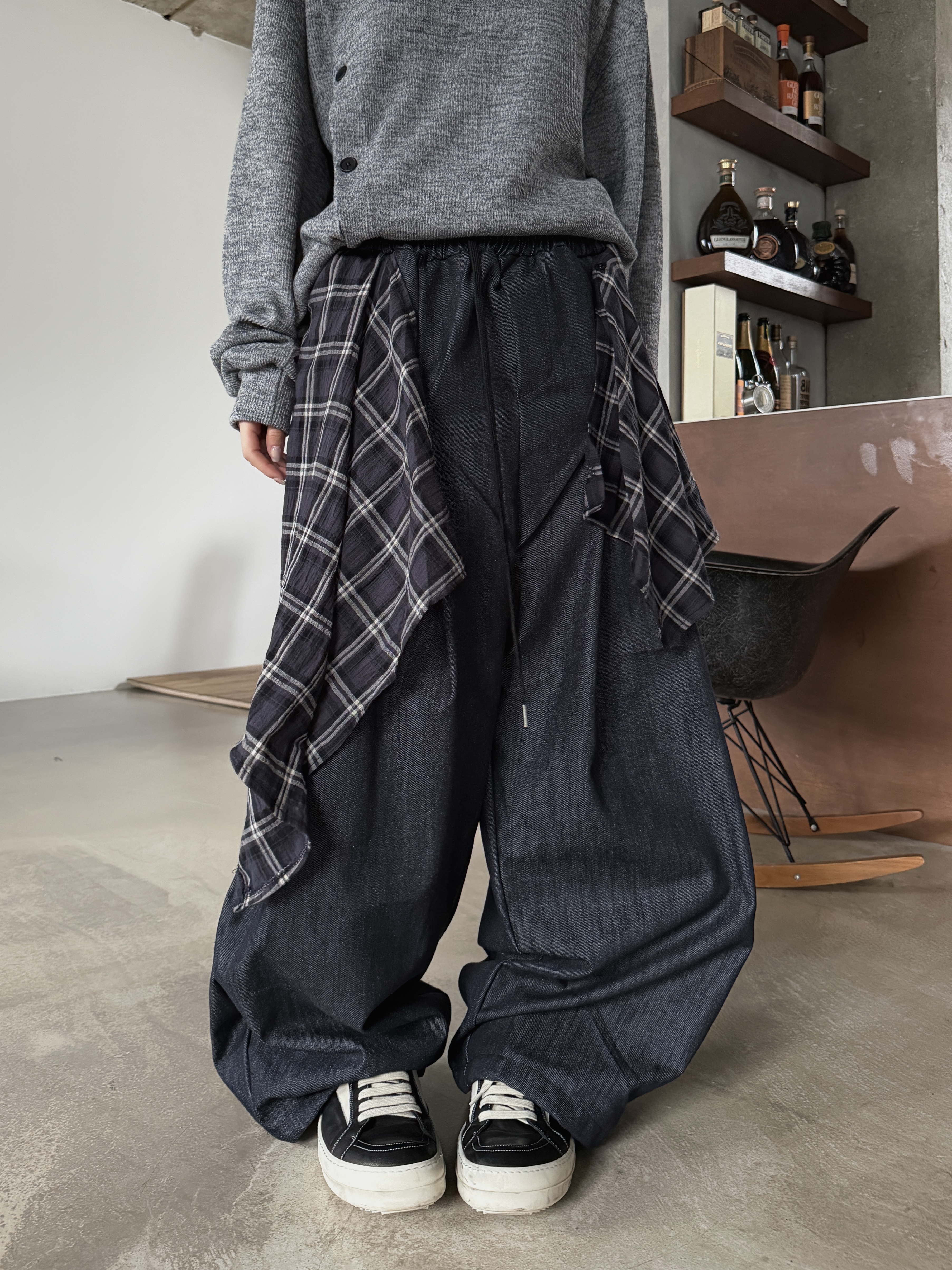 [BEST] 格紋拼接 丹寧層次牛仔 寬鬆長褲