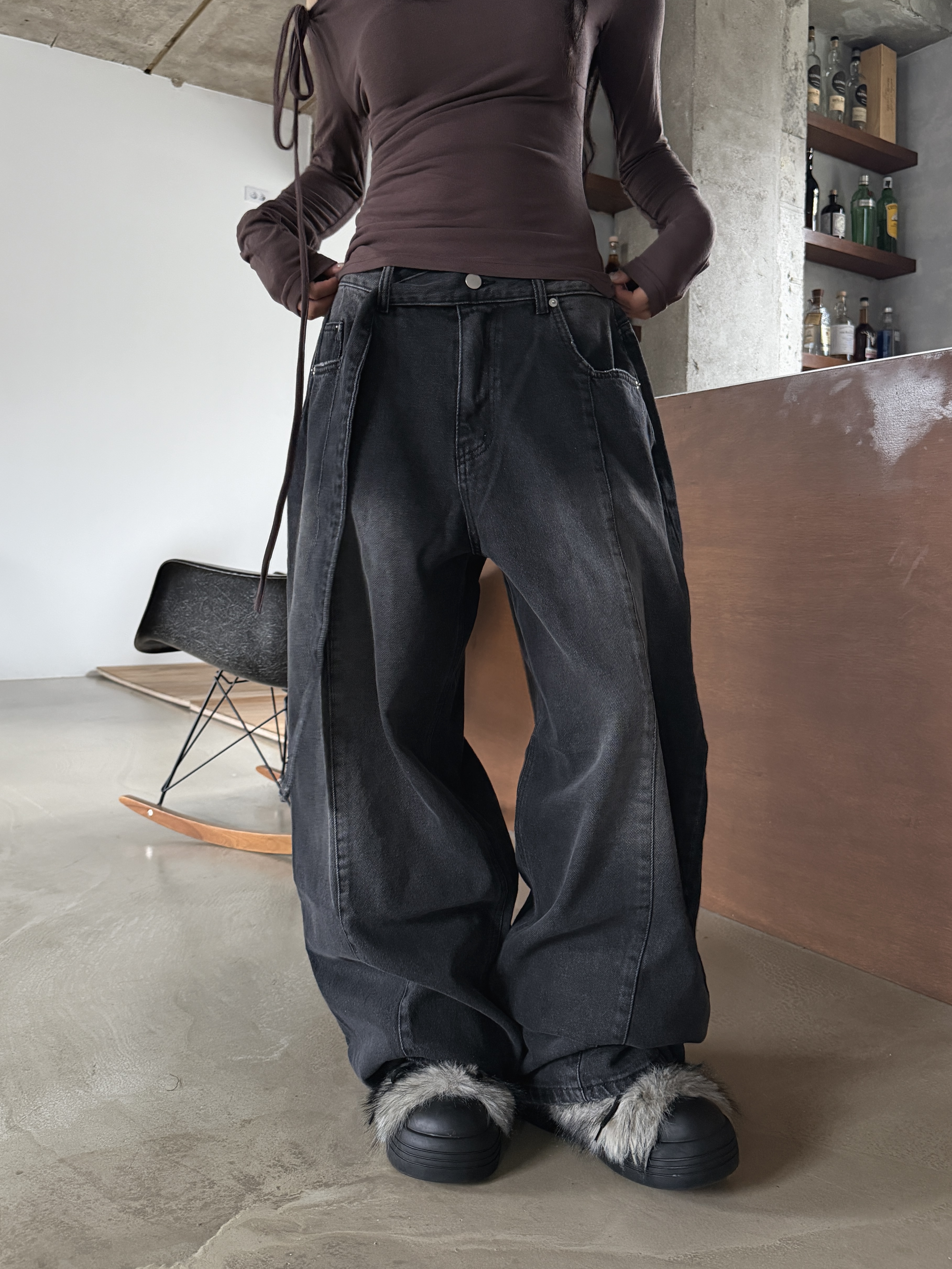 切線水洗 寬鬆調節牛仔長褲