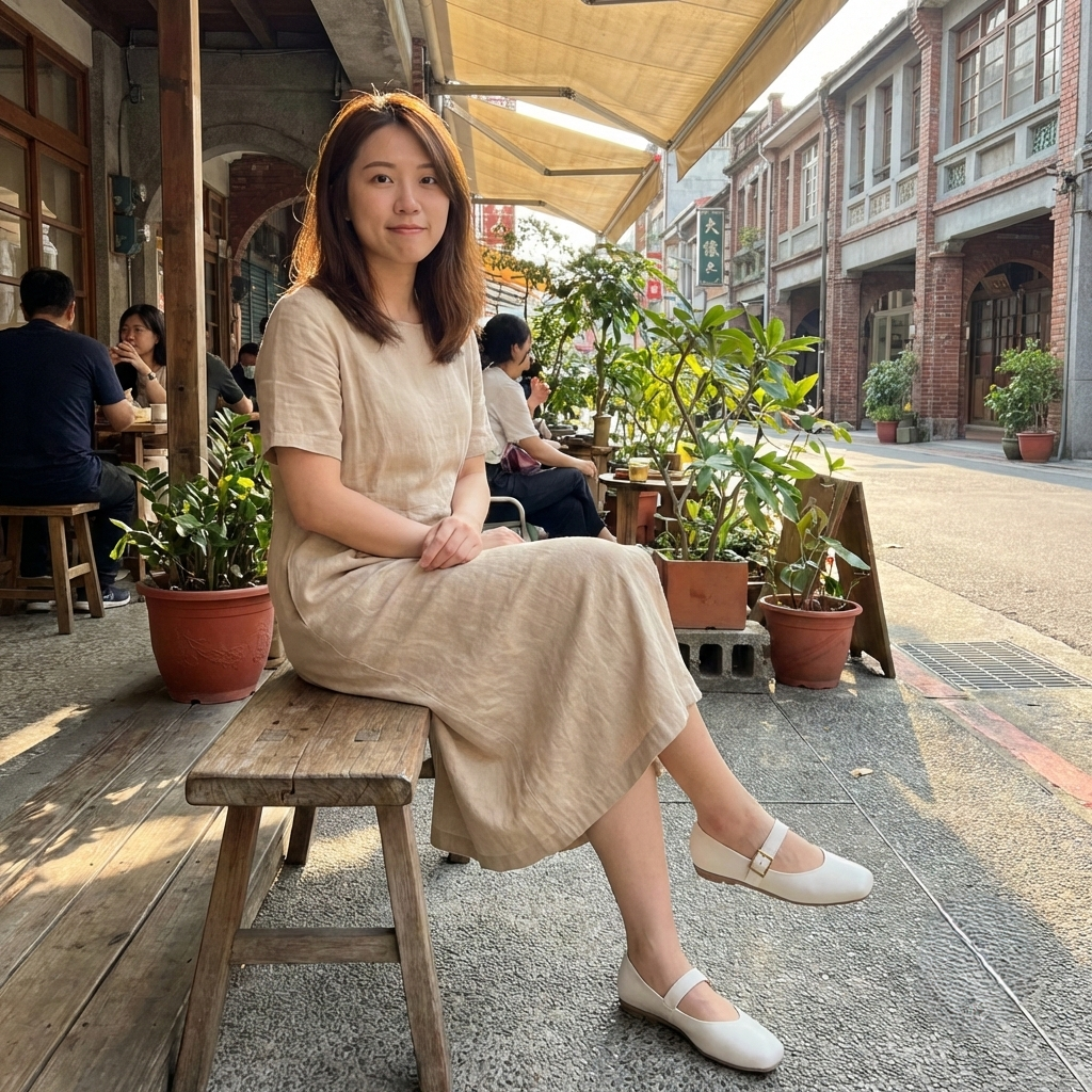 輕熟女法式大人感穿搭示範，Sanly Joy 愛麗絲真皮瑪莉珍鞋，打破幼稚刻板印象，穿出巴黎街頭的高級慵懶與優雅氣質。