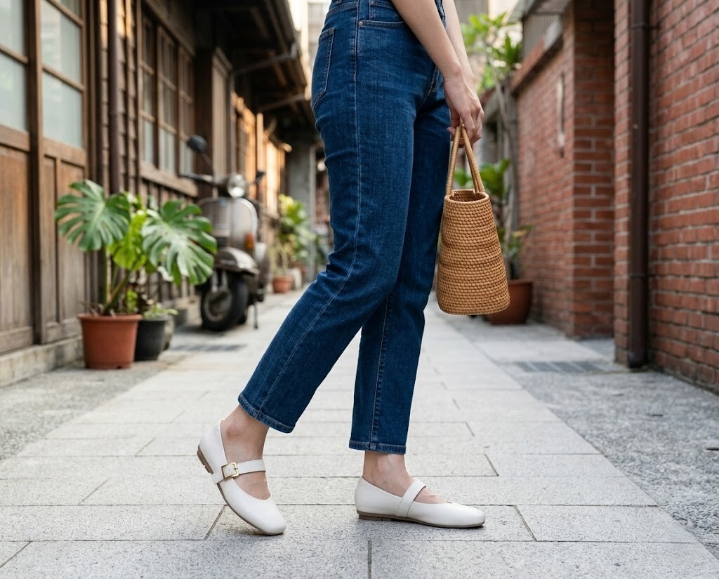 週末休閒法式慵懶穿搭，直筒九分牛仔褲搭配 Sanly Joy 奶油白愛麗絲瑪莉珍鞋，淺口設計露出腳背，視覺延伸拉長腿部比例。