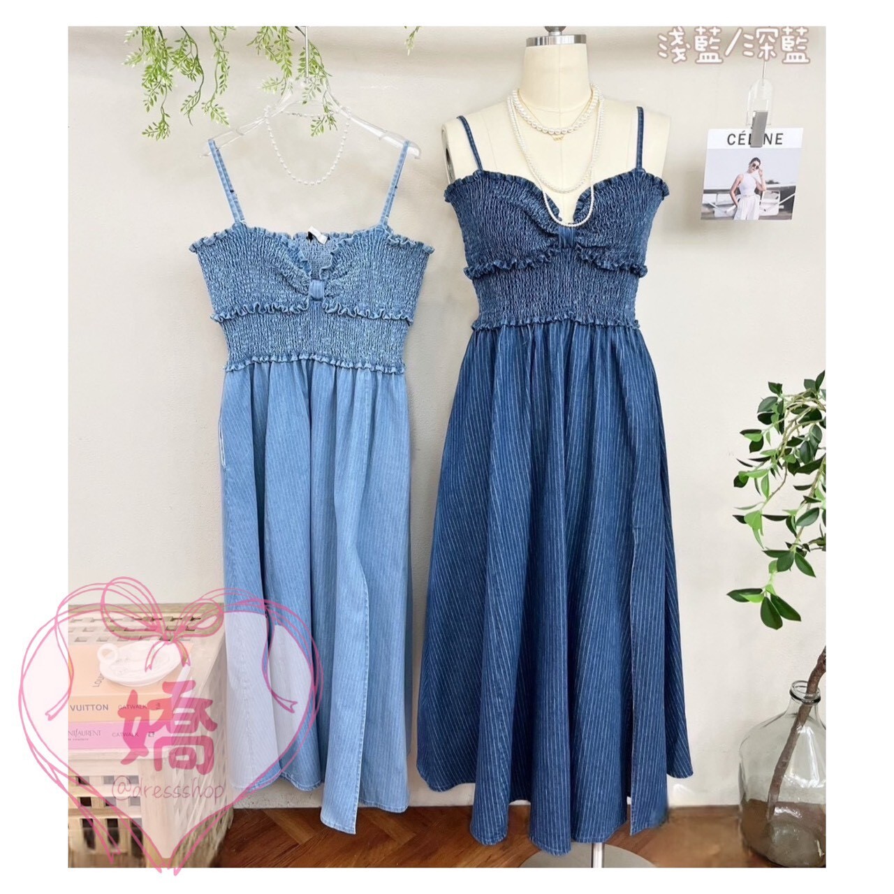 *T02012細肩帶胸抓皺牛仔長洋(淺藍‘深藍)