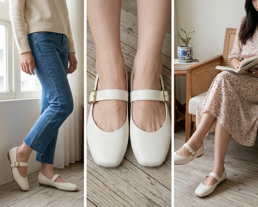 瑪莉珍鞋單穿裸足示範，愛麗絲真皮瑪莉珍鞋搭配九分牛仔褲，大面積露出腳背視覺顯腿長，全真皮內裡吸汗透氣不悶熱。