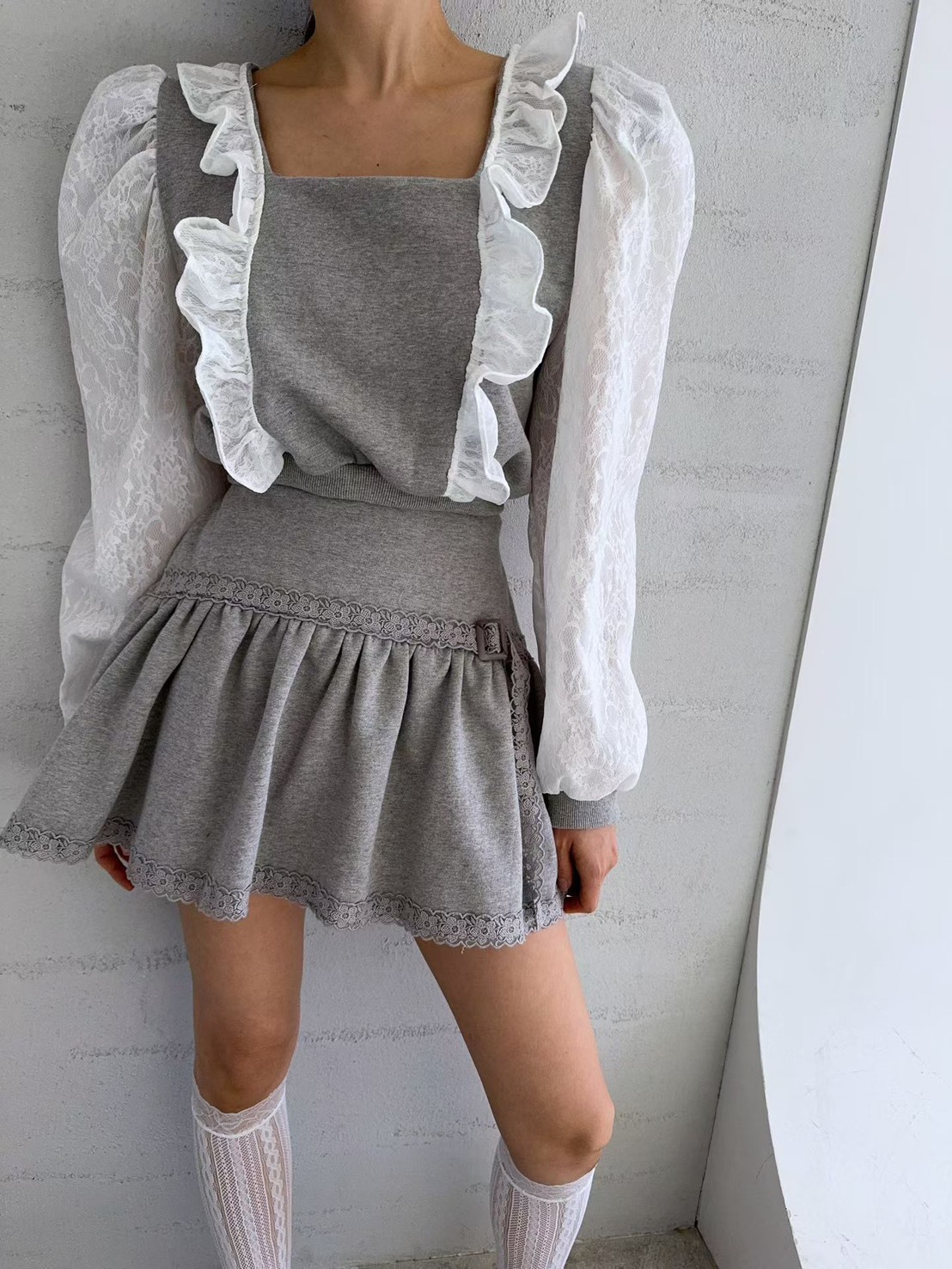 荷葉方領公主袖上衣 短裙(分售)